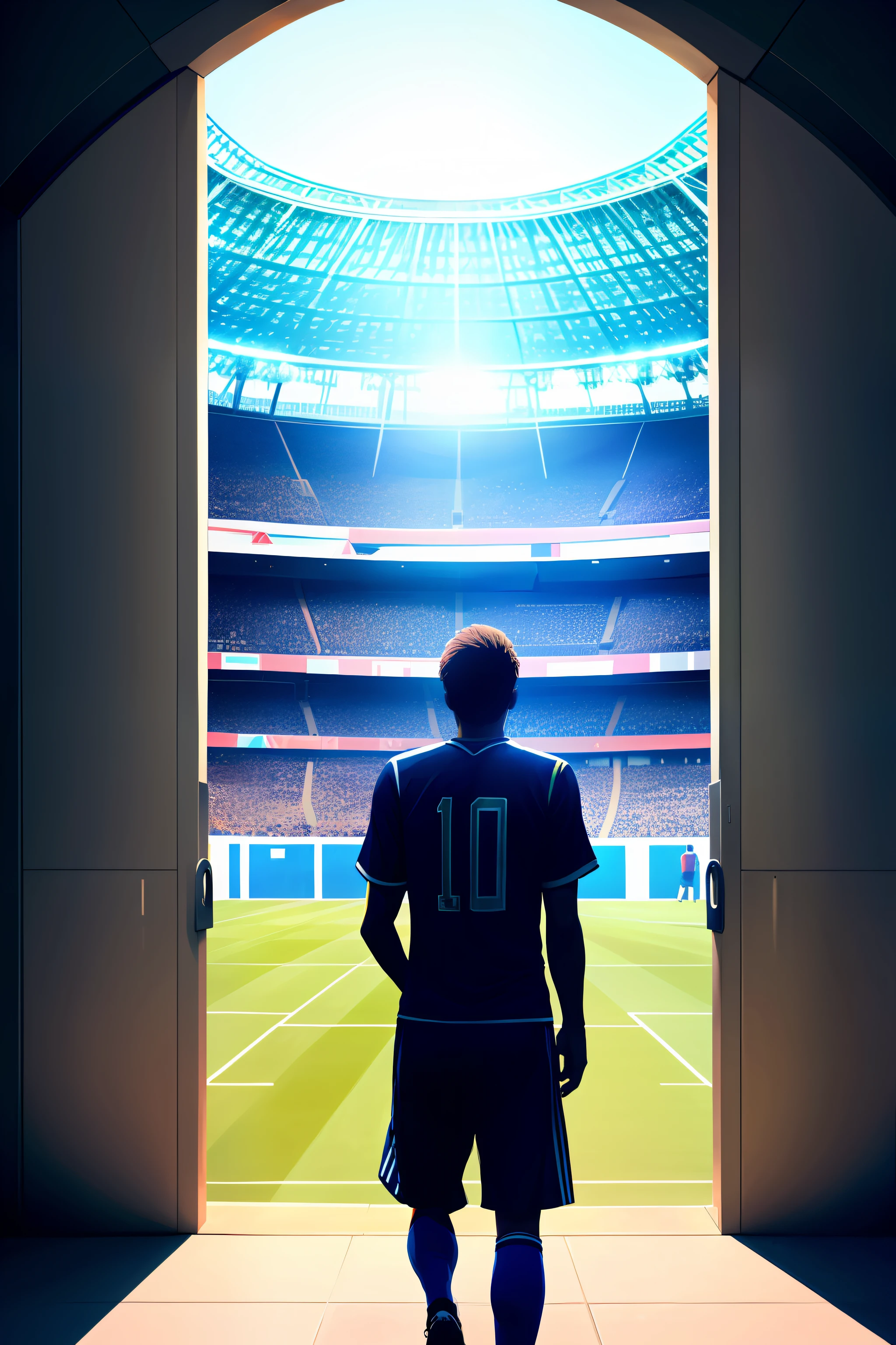 A soccer player at the entrance of the players' entrance with his head bowed and ready to enter the back of the football field, the stadium is crowded, the noise is deafening