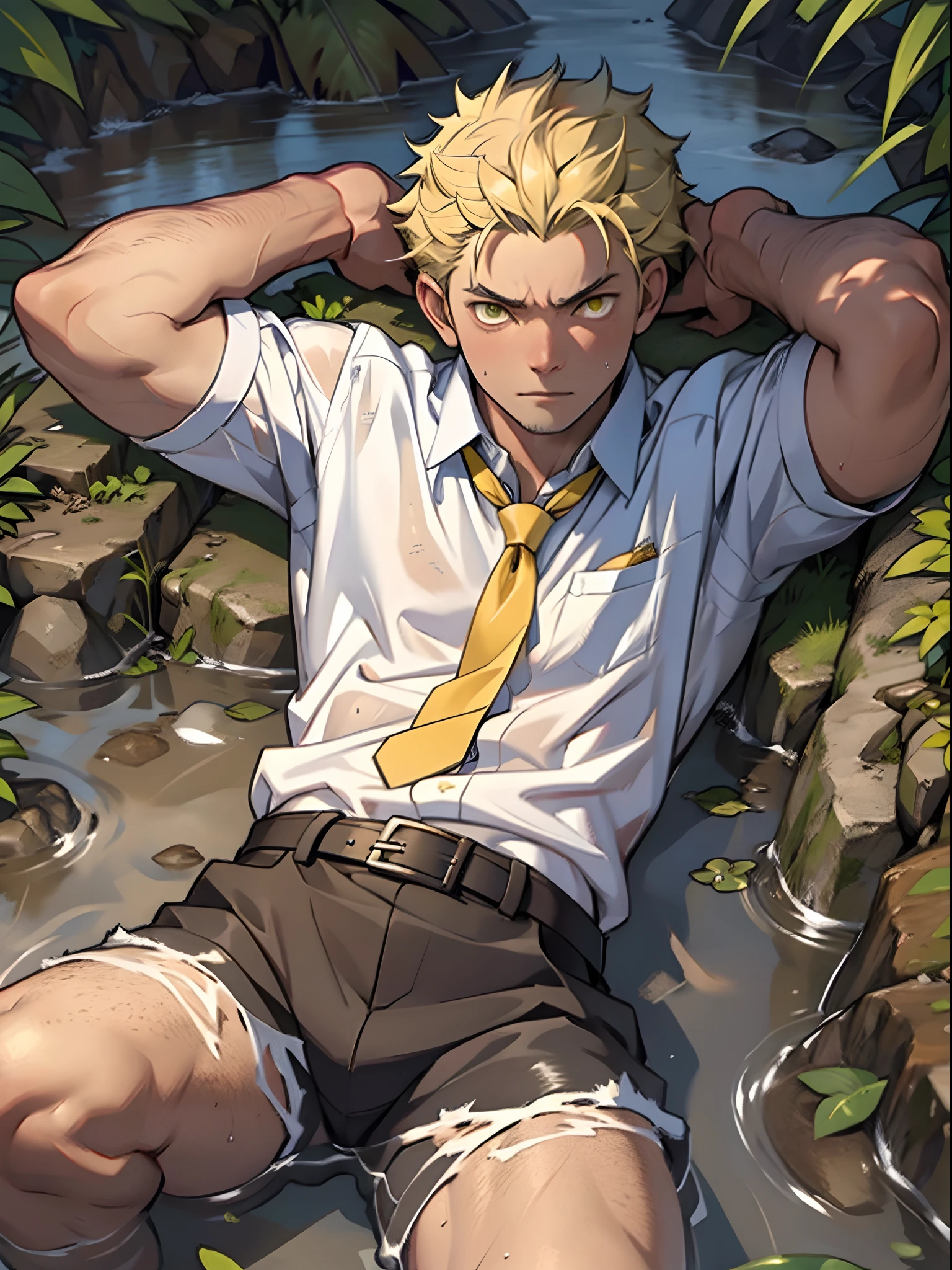 （1 Adult male），A high resolution， Sharp focus， Pixiv masterpiece， （（Complicated details））， highly  detailed， natsuki_subaru， 1 man， Lazy，full bodyesbian，Lying in the mud，Tired，decadent， Yellow eyes（eyes glowing）， Short yellow hair，white  shirt，Wear a tie，Wear a belt，perspire，Drenched，Get wet，look from down