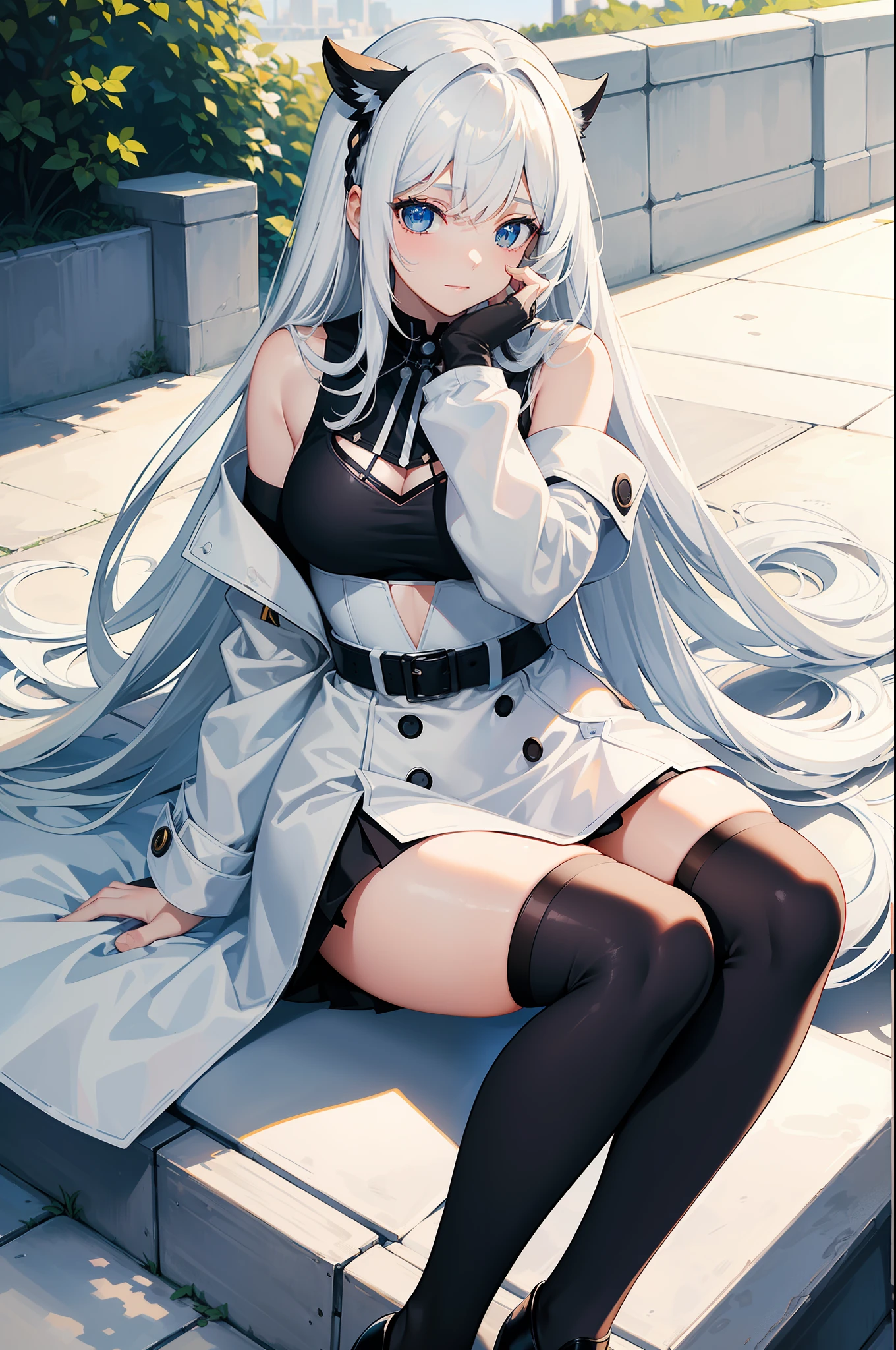 (1woman), (beautiful trendy girl), masterpiece, beautiful, Pixiv, top quality, (((long white hair))), Korean bangs, (((cowlick))), head to thigh shot view, (((blue eyes))), ((black crop top)), (((white fashion coat))) ((short tight black skirt)), (((black stockings))), (sitting on a park bench), (warm smile), (immense blushing), (outdoor background), (((perfect hands))), (right (hand above her chest)), (left head rest back), curvy body