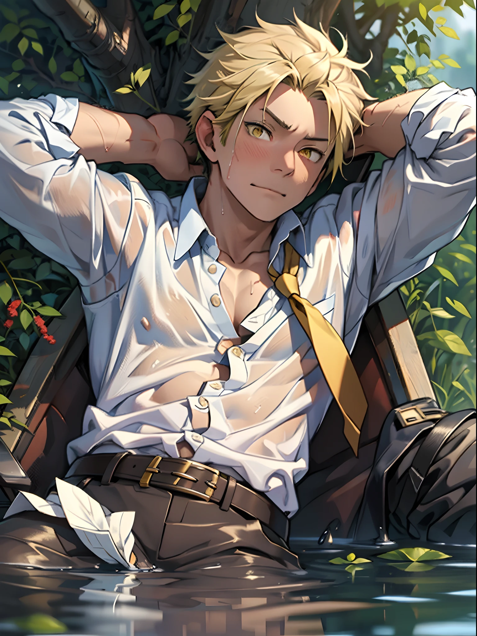 （1 Adult male），A high resolution， Sharp focus， Pixiv masterpiece， （（Complicated details））， highly  detailed， natsuki_subaru， 1 man， Lazy，full bodyesbian，Lying in the mud，Tired，decadent， Yellow eyes（eyes glowing）， Short yellow hair，white  shirt，Wear a tie，Wear a belt，perspire，Drenched，Get wet，look from down