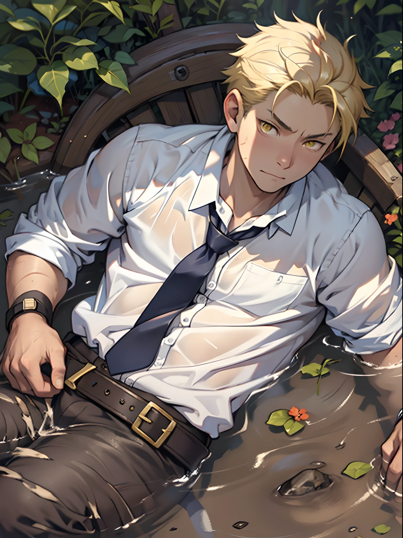 (1 Adult male),A high resolution, Sharp focus, Pixiv masterpiece, ((Complicated details)), highly detailed, natsuki_subaru, 1 man, Lazy,full bodyesbian,Lying in the mud,Tired,decadent, Yellow eyes(eyes glowing), Short yellow hair,white shirt,Wear a tie,Wear a belt,perspire,Drenched,Get wet,look from down