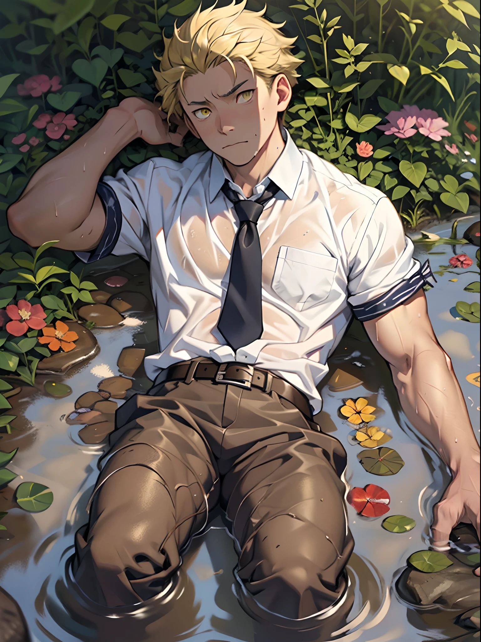 （1 Adult male），A high resolution， Sharp focus， Pixiv masterpiece， （（Complicated details））， highly  detailed， natsuki_subaru， 1 man， Lazy，full bodyesbian，Lying in the mud，Tired，decadent， Yellow eyes（eyes glowing）， Short yellow hair，white  shirt，Wear a tie，Wear a belt，perspire，Drenched，Get wet，look from down