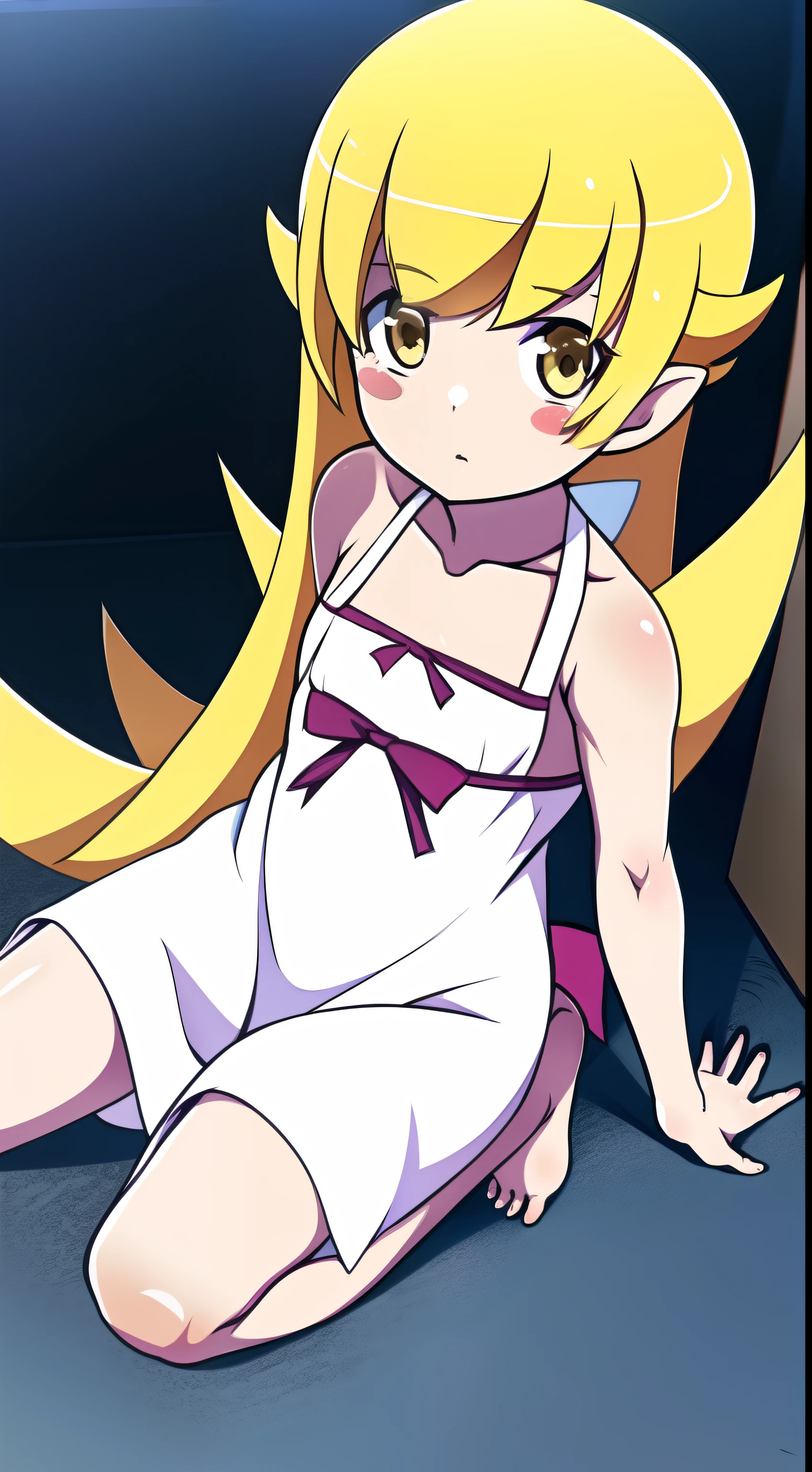 1girl in, Solo,  (Oshino_shinobu),(Blonde) (Blonde_hair), (yellow_hair), ((long_hair)), ((Bangs)), (yellow_Eyes), blush, spiky_Ears, (blush_a sticker), Flat_Chest, white_Dress, Bow, Bracelet, Barefoot,  masutepiece, 4K, Ruins、a straw fedora hat,look at viewer