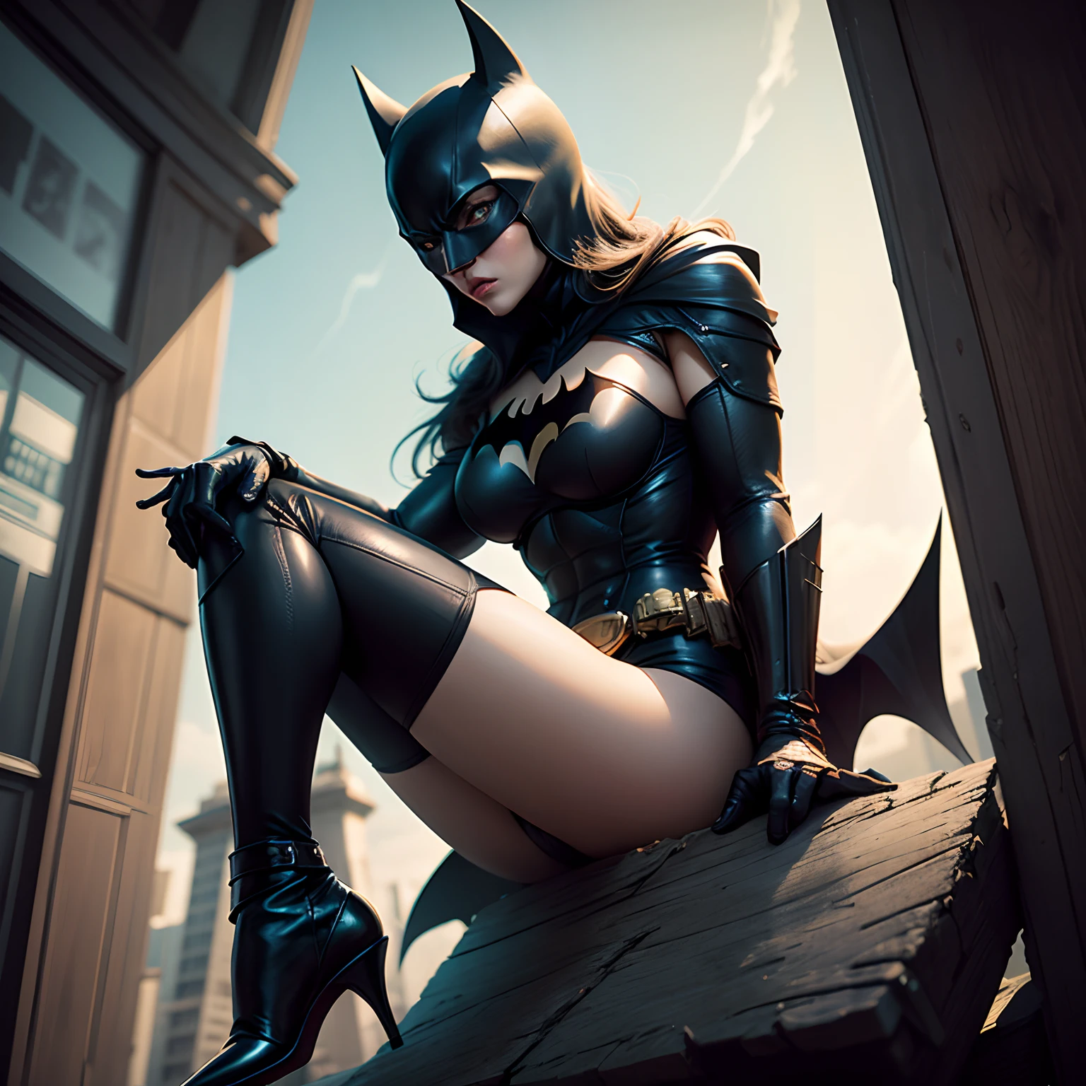 A female Batman ，sitting on a rook，Sharp eyes，looking at viewert，Provocative actions