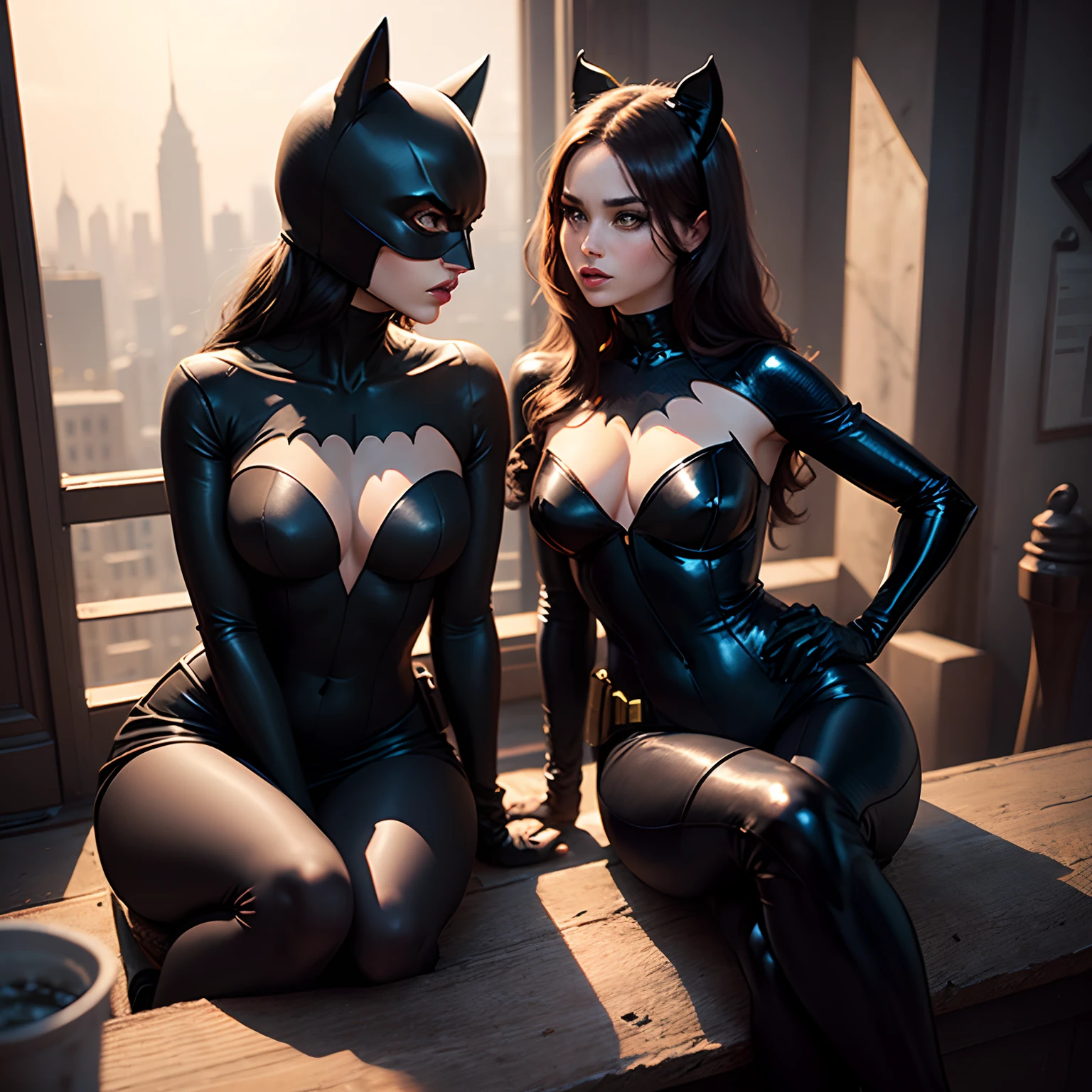 Batman and Catwoman,sitting on a rook,looking at viewert,Provocative behavior,Ambiguous with each other,Dress revealingly