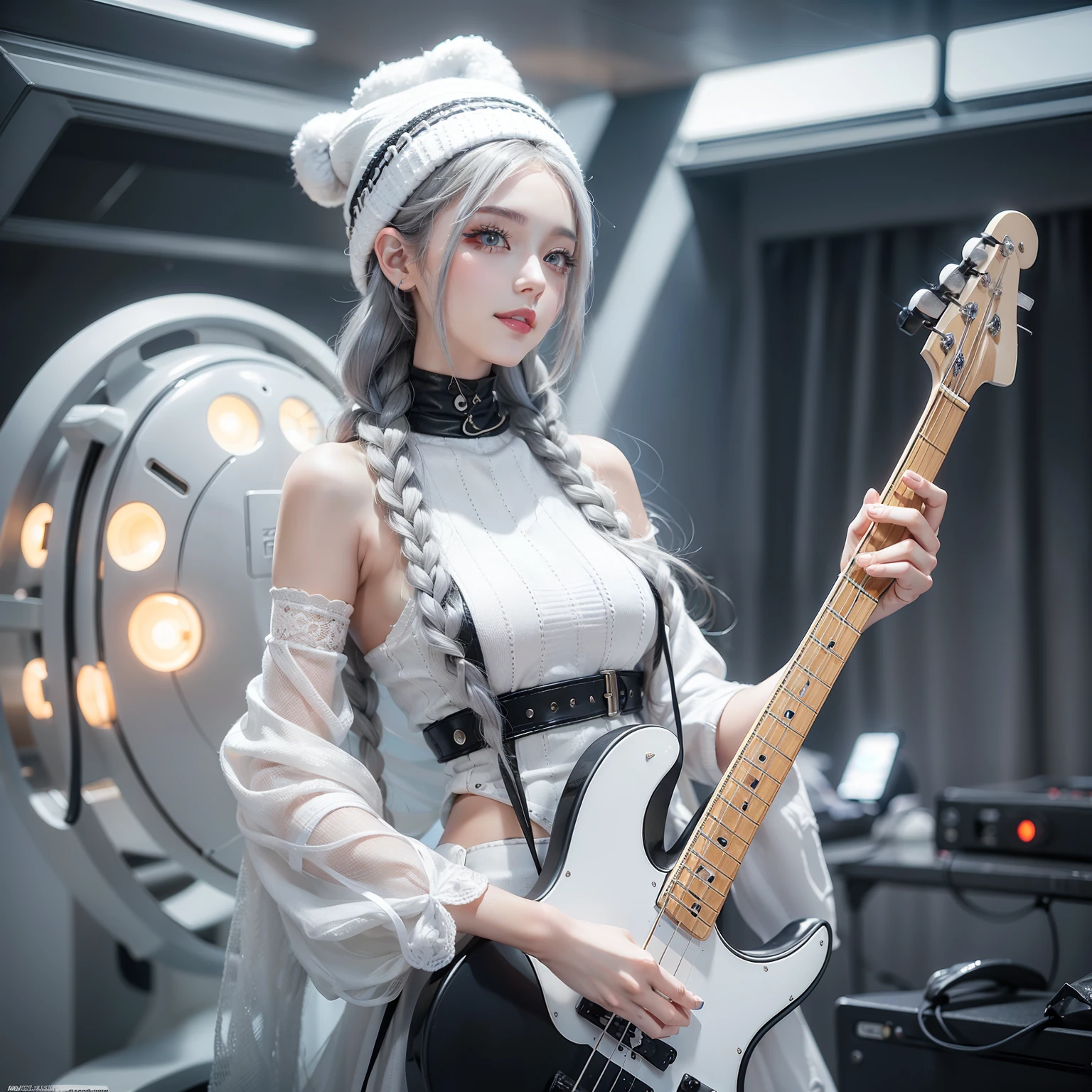 Seductive woman happy to raise her hand Perfect beauty Beautiful white skin beautidful eyes Look at viewers Lustrous lips Lovely smile gray hair in braids Knitted hats tattoo on body Have an electric bass guitar is standing Futuristic ta costume designed in black and white Functional head phone spaceships