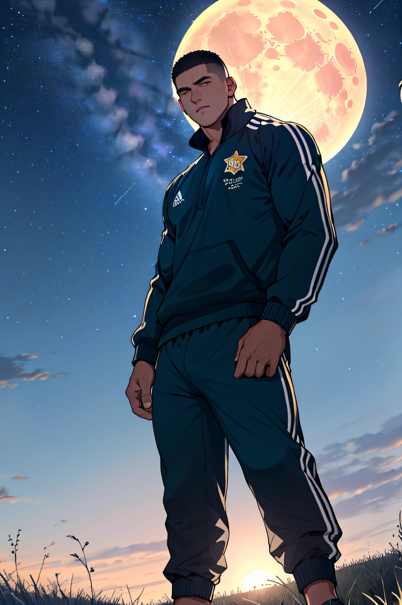 Draw a full-fledged footballer,Standing on the steppe at night,He was wearing a tracksuit,The man looks confident and determined,looking-down,Crew cut,full bodyesbian,Stars dot the sky,shooting from below,Big moon highlights background