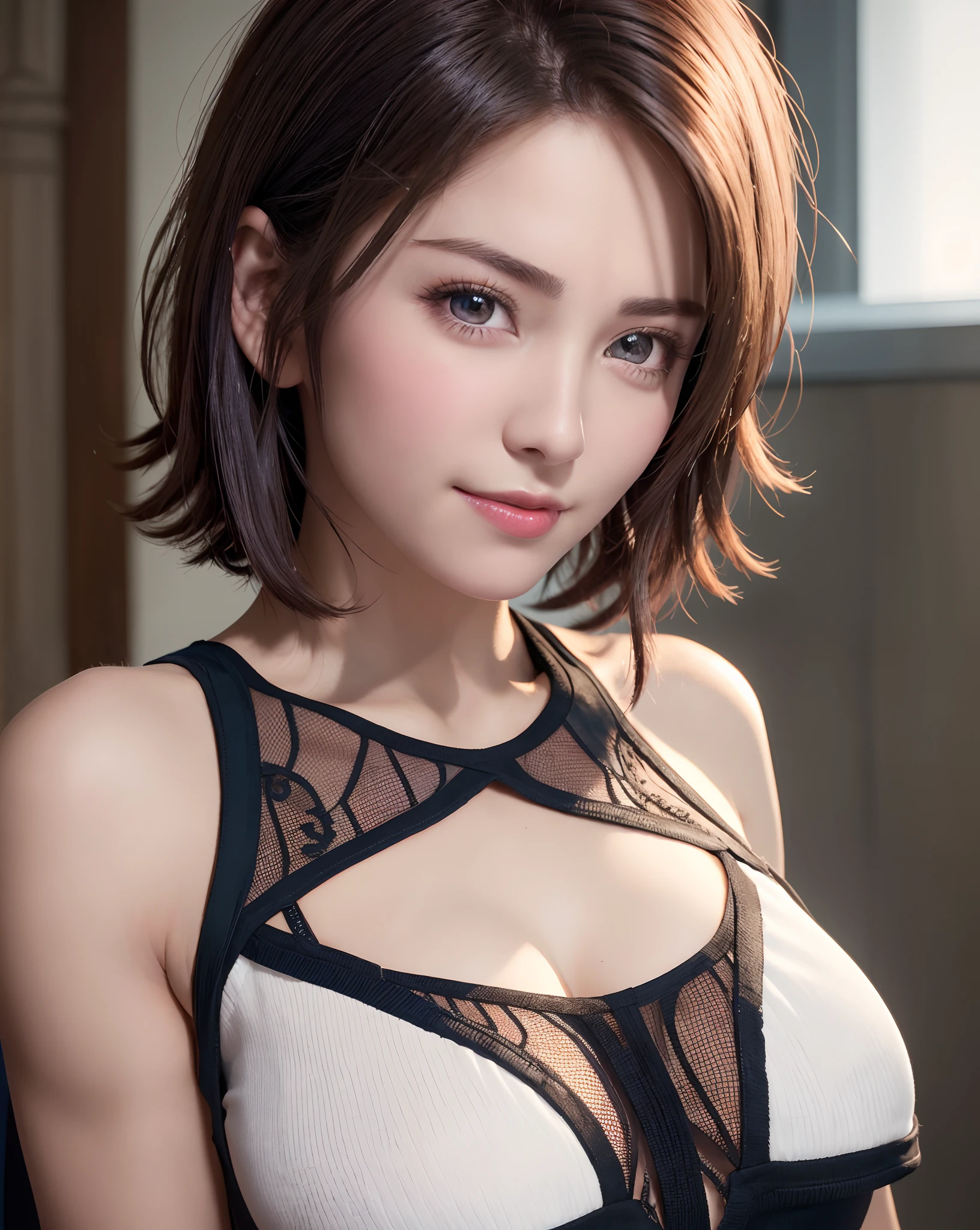 Best Quality, Ultra High Resolution, (Photorealistic: 1.4), Beautiful Eyes, Super Beautiful, Very Short Hair, Beautiful, Sweetheart, T-shirt with Rough Chest, Beautiful Soldier, Eyes That Invite Viewer, Lover's Perspective, Inviting Expression, Sexy Smile, Perfect Style, Perfect Balance, Detailed Skin, Naughty Gaze, Chest Visible