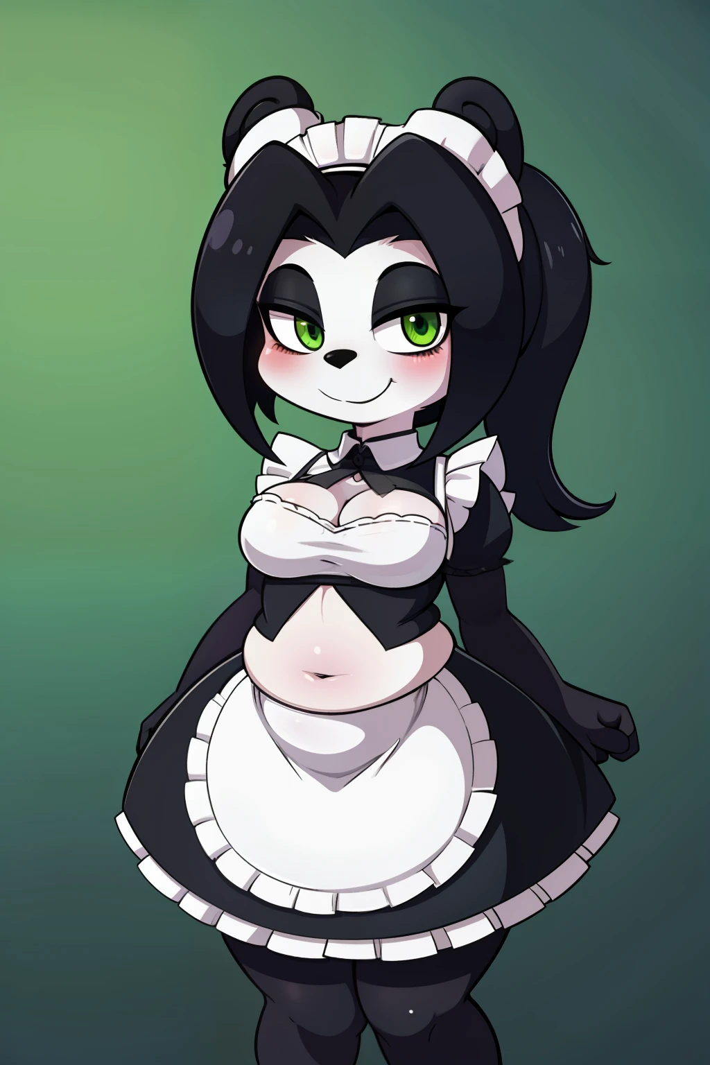 (LiLiStormstout:0.8), green eyes, black and white fur, anthro panda girl, pinup, happy, smile, (french maid:1.3), wide hips, thin waist, athletic, flat stomach, lean, medium breasts, rilex lenov