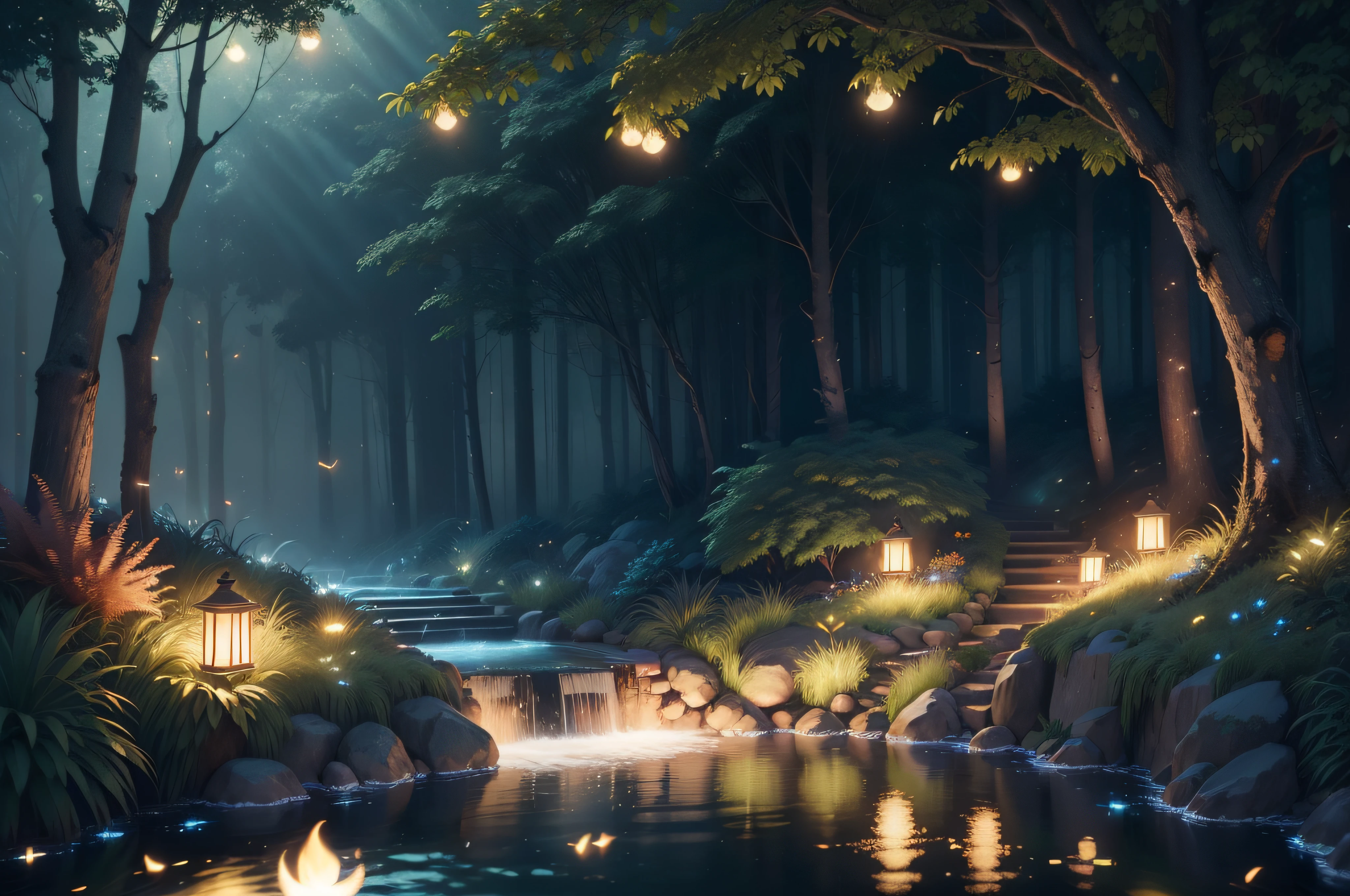 Masterpiece, best quality, (very detailed CG unity 8k wallpaper), (best quality), (best illustration), (best shadows), glow sprite, with a glowing tiger, in the swimming pool Drinking water, natural elements in the forest theme. Mysterious forest, beautiful forest, nature, surrounded by flowers, delicate leaves and branches surrounded by fireflies (natural elements), (jungle theme), (leaves), (twigs), (fireflies), (particle effects) etc. 3D , Octane rendering, ray tracing, super detailed
