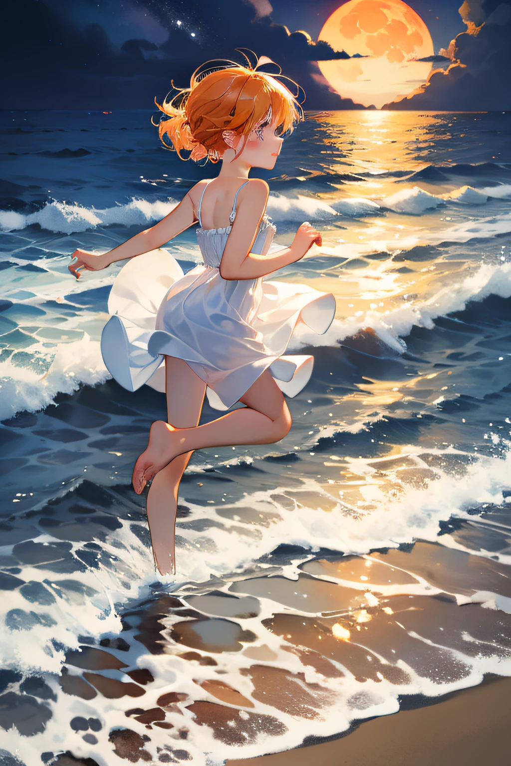 beachside，Glowing waves，the night，Orange moon，The back of two small babies running by the sea，Glowing back，Wearing a white dress，Glowing，3Dtrue，cute-style，Soft cute style，Beautiful and romantic，8K，3Drenderingof