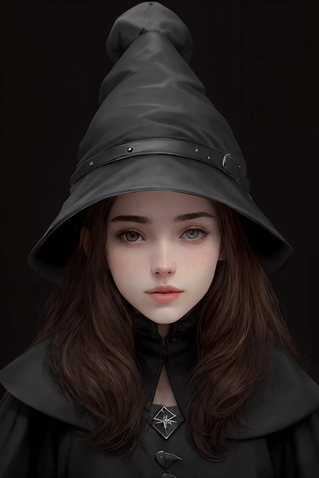 chupipaleta photorealistic, (with glass black), Brown hair, 20 years old, little acne, wear black witch hat