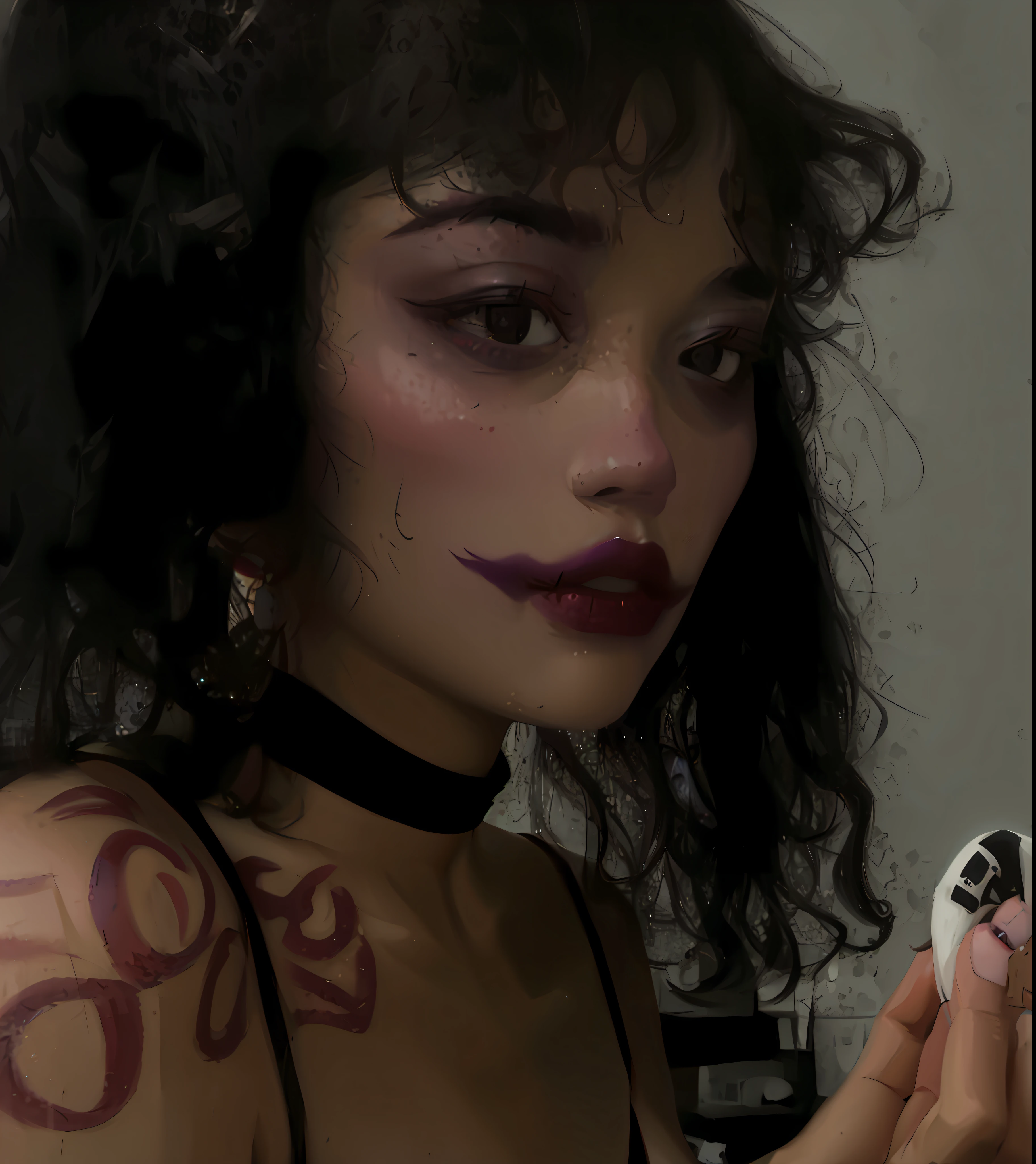 There was a woman with a tattoo on her arm holding a cell phone, Inspiration for Tessa Thompson, inspired by Taro Yamamoto, Clown makeup, - Shanina Sheikh as Medusa, dark lipstick, Light smile, dark lipstick, as the joker, Gothic makeup, 1 7 - year - old goth girl, goth aesthetic, goth clown girl, Dark lips, gothic horror vibes