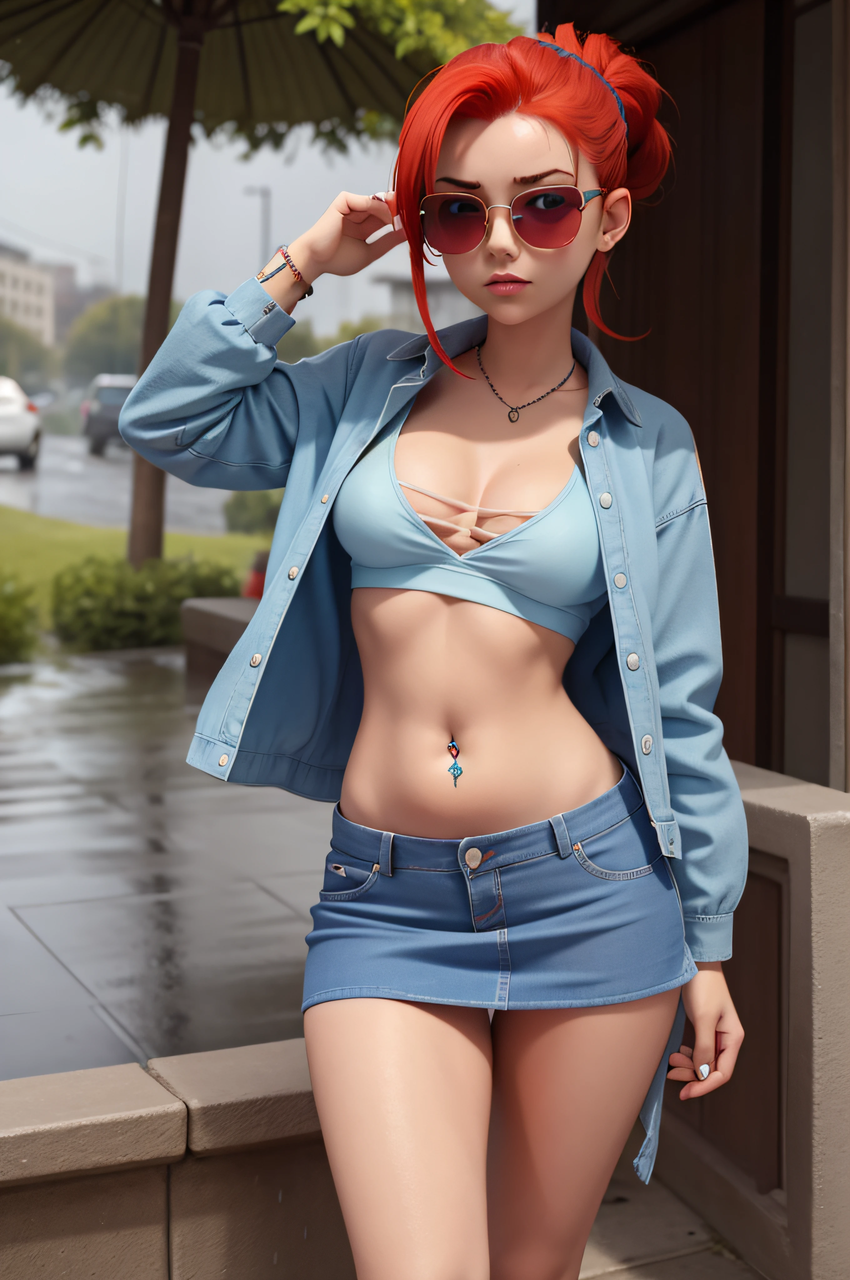 1 girl, 20 years old, red hair tied up, baby blue look, blue miniskirt, navel piercing, sunglasses, in the rain, belly tattoo