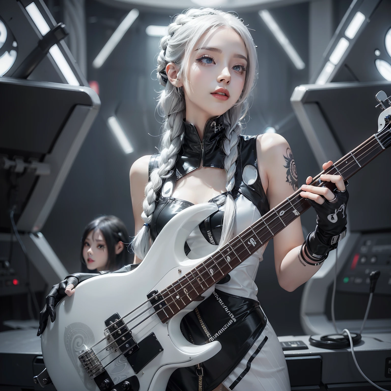Seductive woman happy to raise her hand Perfect beauty Beautiful white skin beautidful eyes Look at viewers Lustrous lips Lovely smile gray hair in braids tattoo on body Have an electric bass guitar is standing Futuristic dress designed in black and white to adhere to the body Functional head phone spaceships