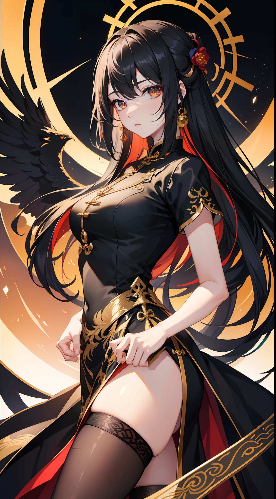 (tmasterpiece,top Quority,best qualtiy,offcial art,Beauty and aesthetics:1.2),(1girll),wearing cheongsam,black lence stockings,extremedetailed,rich colourful,highest details,offcial art,Unity 8k壁纸,ultra - detailed,tmasterpiece,best qualtiy