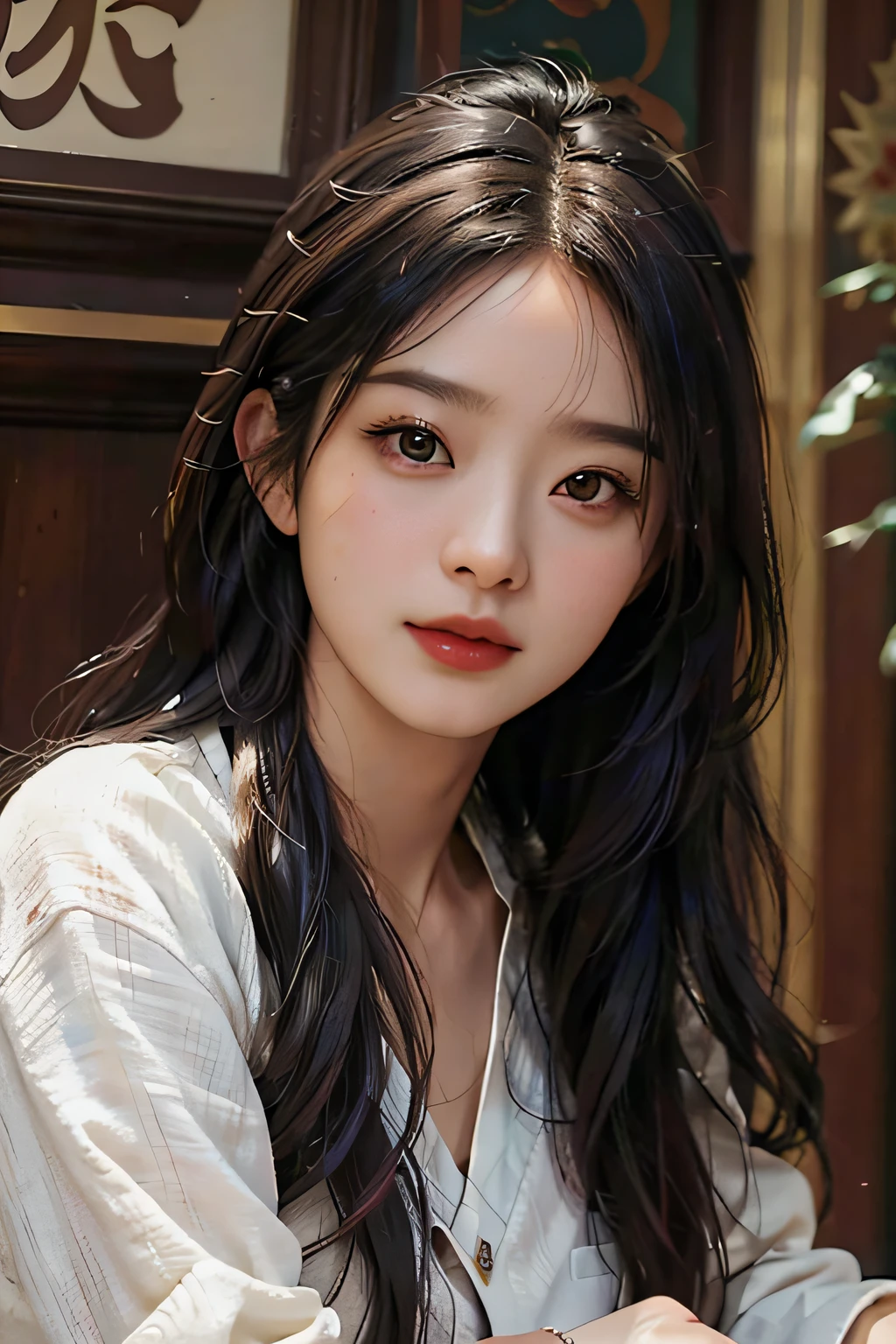 (RAW photo, best quality), (realistic, photo-realistic:1.3), best quality, highly detailed, masterpiece, ultra-detailed, illustration, 1girl, upper_body, dynamic angle, world mastery theater, messy_long_hair,best quality, extremely detailed CG unity 8k壁纸，，惊人，电影灯光，lens_flare，dunhuang_style