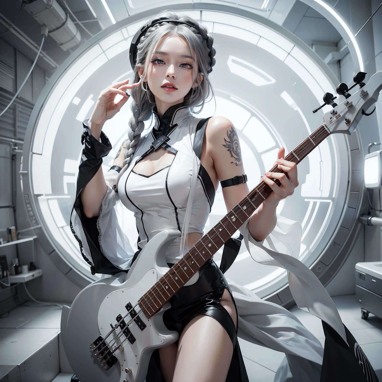 Seductive woman happy to raise her hand　Perfect beauty　Beautiful white skin　beautidful eyes　Look at viewers　Lustrous lips　Lovely smile　gray hair in braids　tattoo on body　Have an electric bass guitar　is standing　Futuristic dress designed in black and white to adhere to the body　Functional　head phone　spaceships