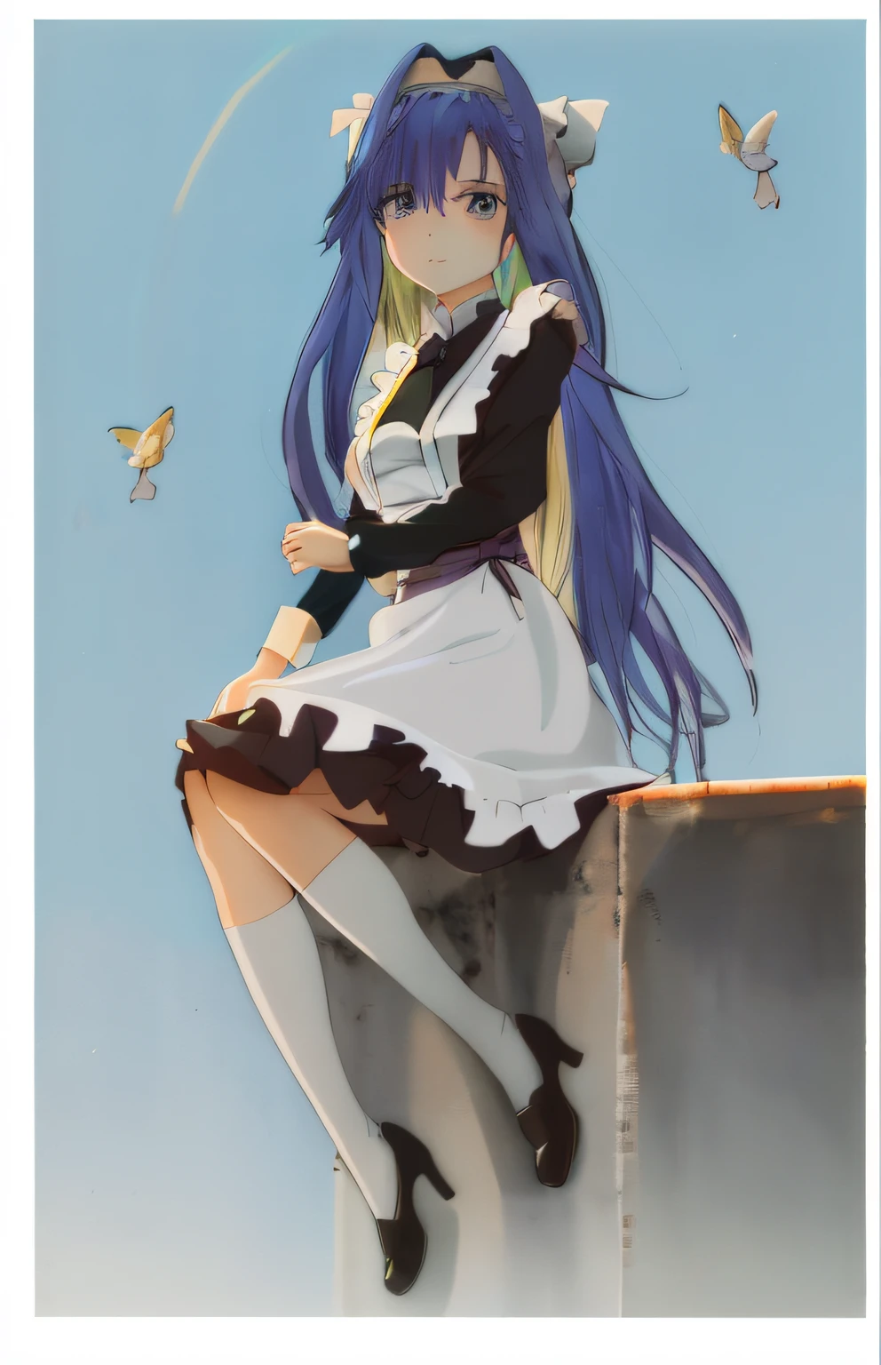 Anime girl with blue hair, yellow pick dyed hair color and white dress sitting on windowsill, in dress, 2 d anime style, 2D art, 2 d art, made with anime painter studio, zerochan art, Marin Kitagawa fanart, High Quality Anime Art Style, cushart kenz, anime art style, offcial art, Lolishart krentz, Zero Zen Black and white maid outfit