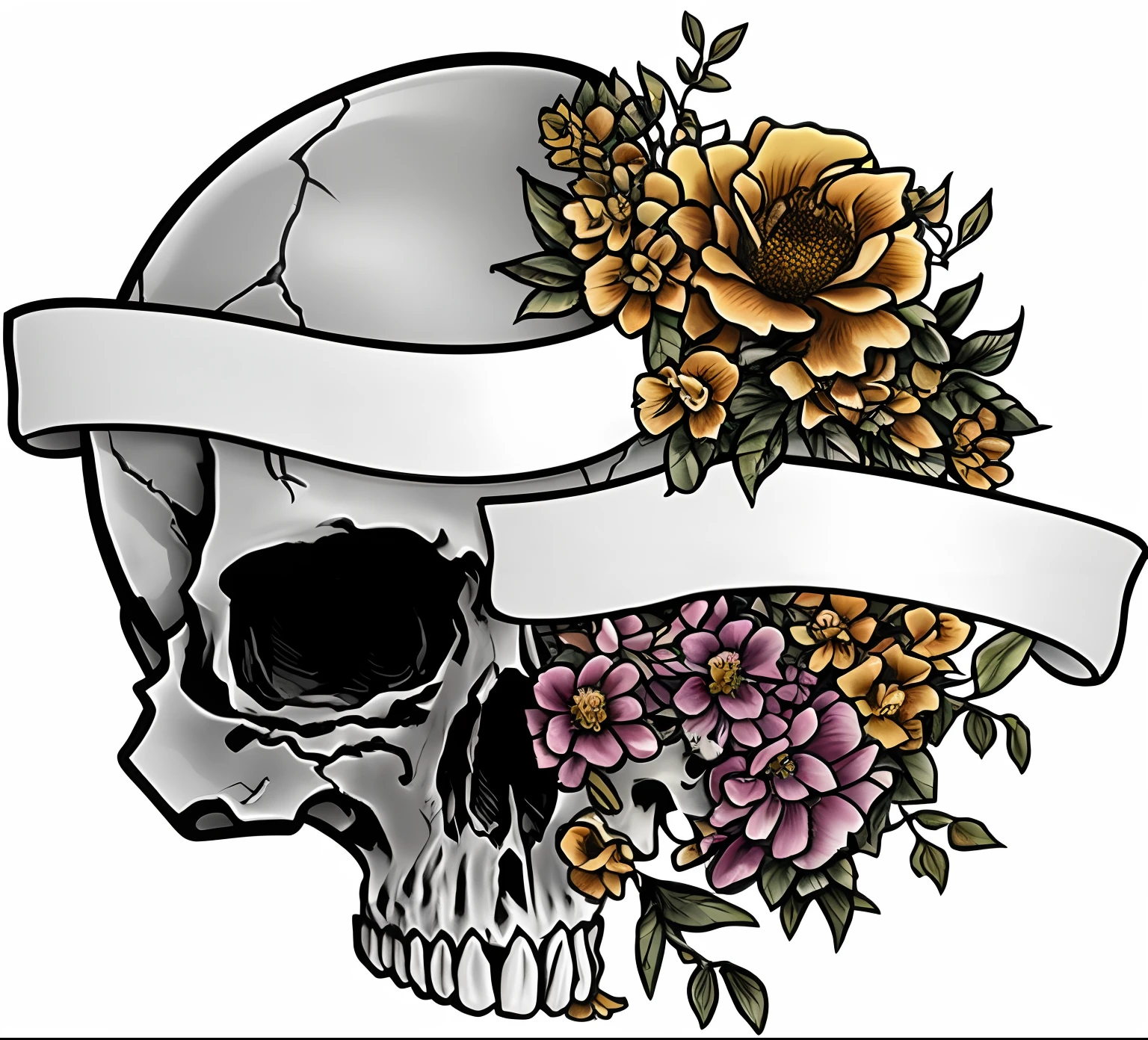 Close-up of skull with banner, Profile image, Profile picture, flowerpunk, personal profile picture, skull bones flowers, flowerpunk, ((skull)), half skull half face, half skull face, skull design for a rock band, A mix of aesthetics, caveira, accurate detail, Jour des morts, skull tattoo