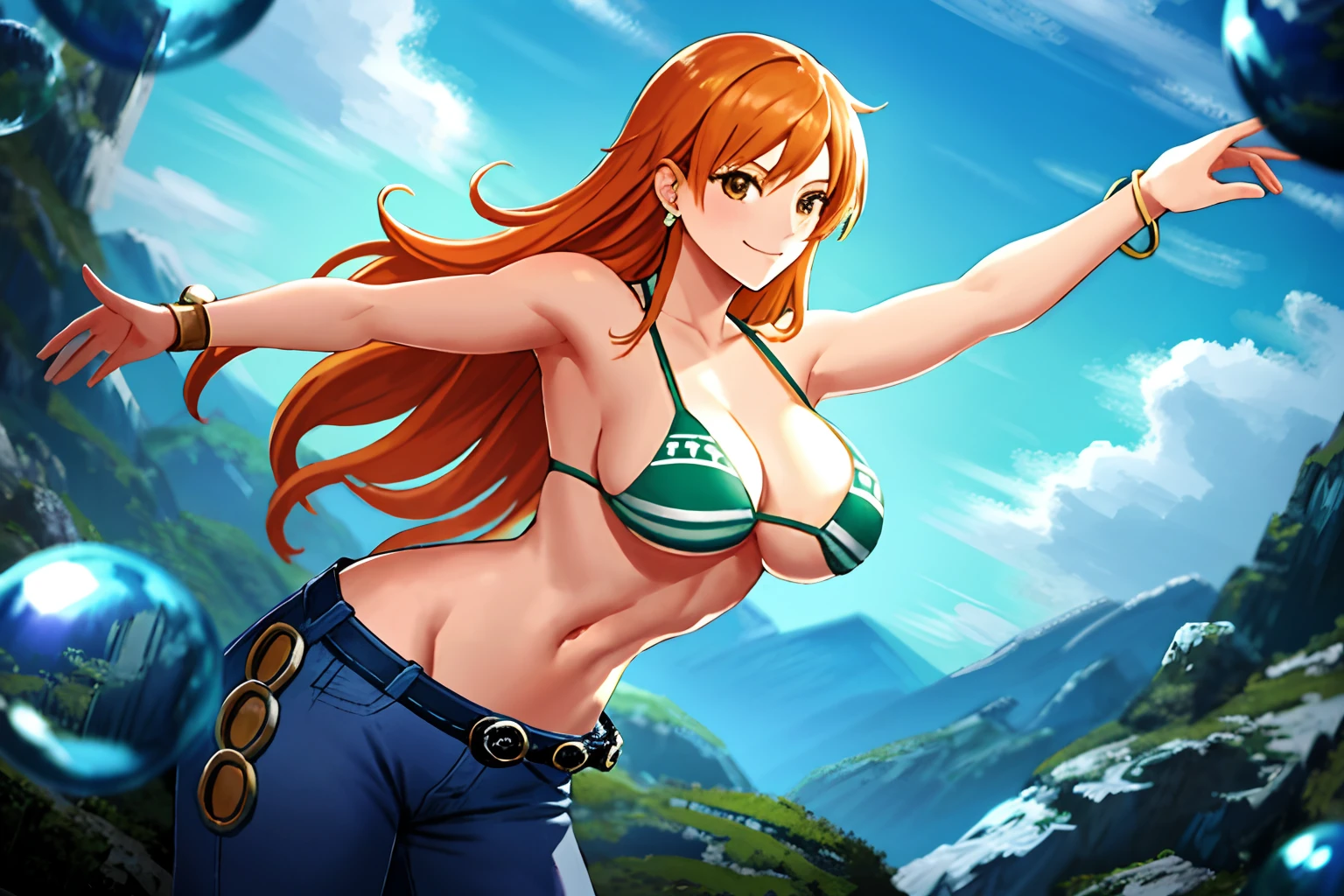 detailed background, masterpiece, best quality, 1girl, solo, nami \(one piece\), 1girl, bangle, detailed arms, fists, muscular body, seductive, wrestling entrance, bangs, bare shoulders, belt, bikini, bikini top only, blue sky, bracelet, breasts, brown eyes, bubble, cleavage, cloud, cowboy shot, day, denim, earrings, floating hair, green belt, green bikini, groin, jeans, jewelry, large breasts, log pose, long hair, looking at viewer, navel, orange hair, pants, shoulder tattoo, sidelocks, sky, smile, solo, standing, stomach, swimsuit, tattoo , looking at viewer, fight pose