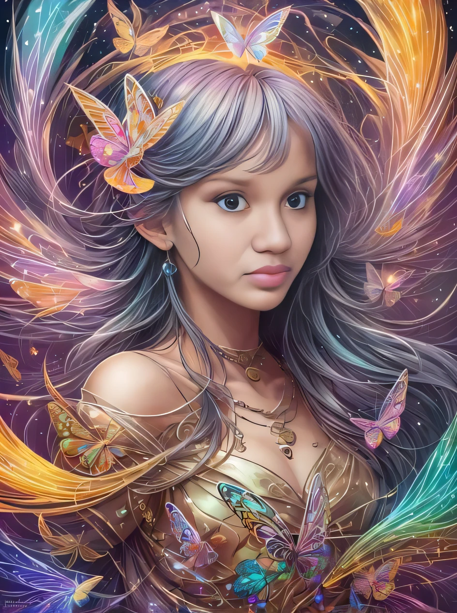 uma menina com cabelo comprido e asas de borboleta em seu cabelo, retrato bonito da arte da fantasia, arte de fantasia digital colorida, bela arte de fantasia, arte de fantasia muito bonita, retrato bonito da fantasia, arte digital de fantasia detalhada, amazing fantasy art, arte de fantasia detalhada, Retrato da fada, estilo de arte de fantasia, Retrato de uma fada, retrato da arte da fantasia, breathtaking fantasy art, pintura de fantasia bonita