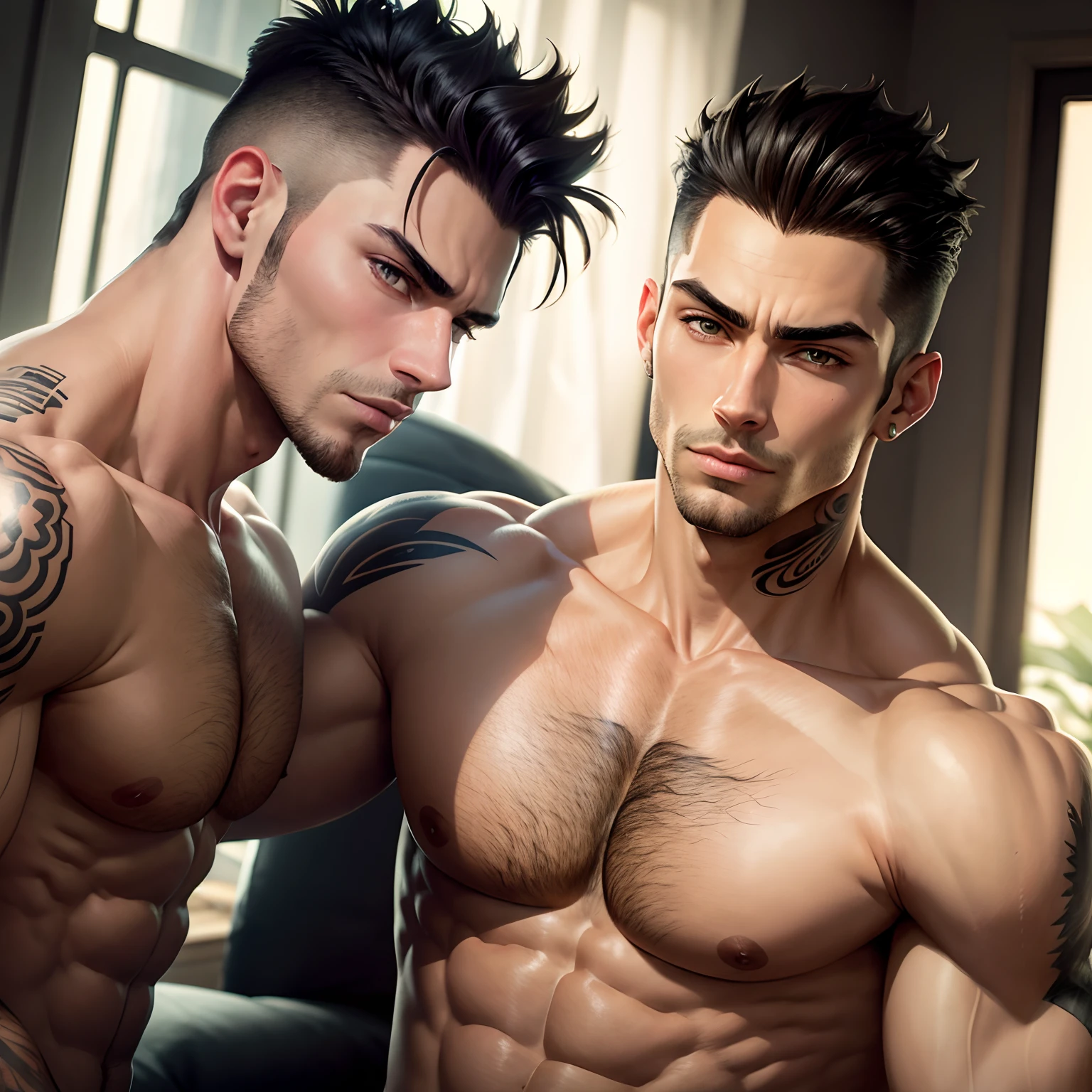 arafed man with tattoos on his chest and chest looking out a window, strong masculine features, young man with beautiful face, chiseled jawline, well-groomed model, masculine features, masculine jawline, slicked back hair, slicked-back hair, beautiful male face, sharp jawline with a light beard, lean man with light tan skin --auto