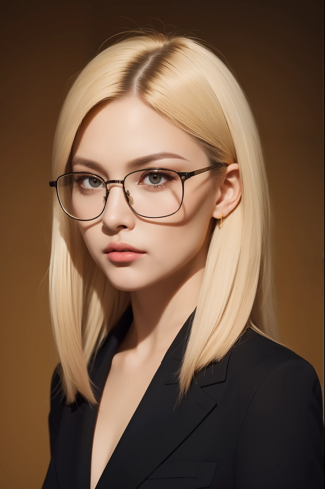Big red eyes+gold-wire glasses:1.2+Intellectual beauty:1.1,Blonde hair:1.3,A Lot of Hair:1.3,detailed hairs:1.2,long leges,Black Western suit。