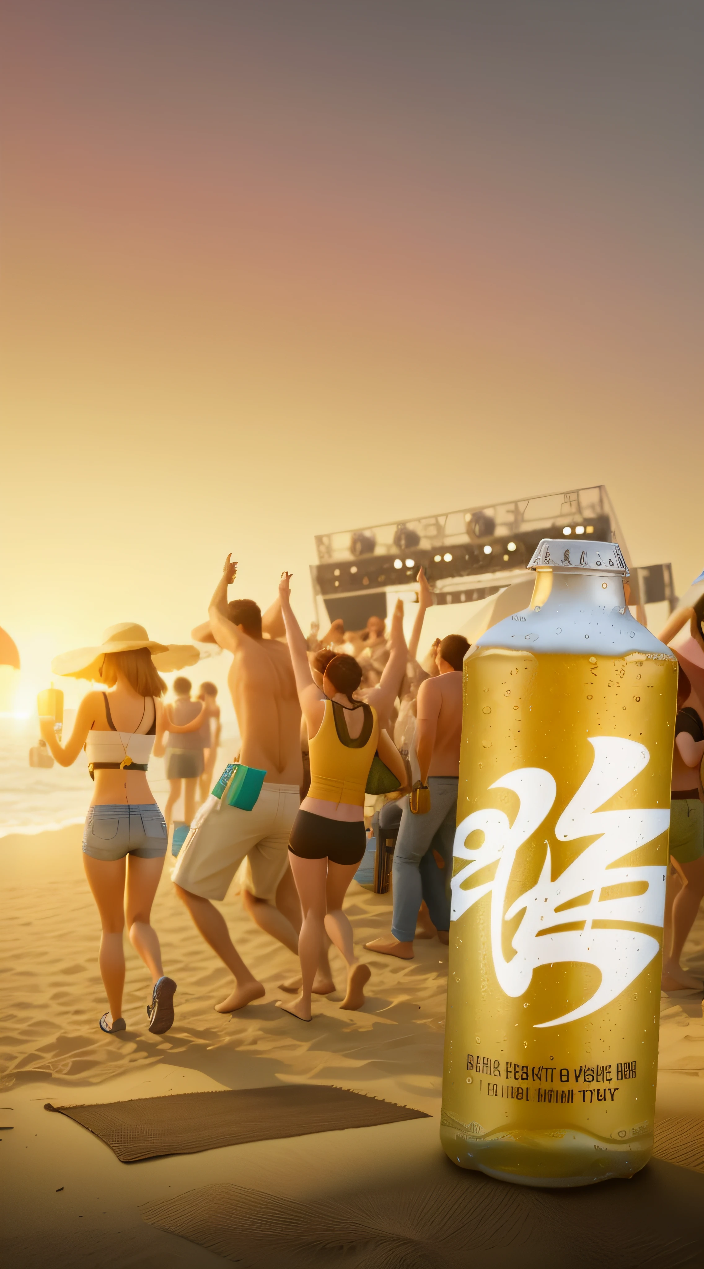 There was a bottle of beer on the beach,People dance, beach party, summer festival in background, music festival, Summer feeling,rendering,k hd