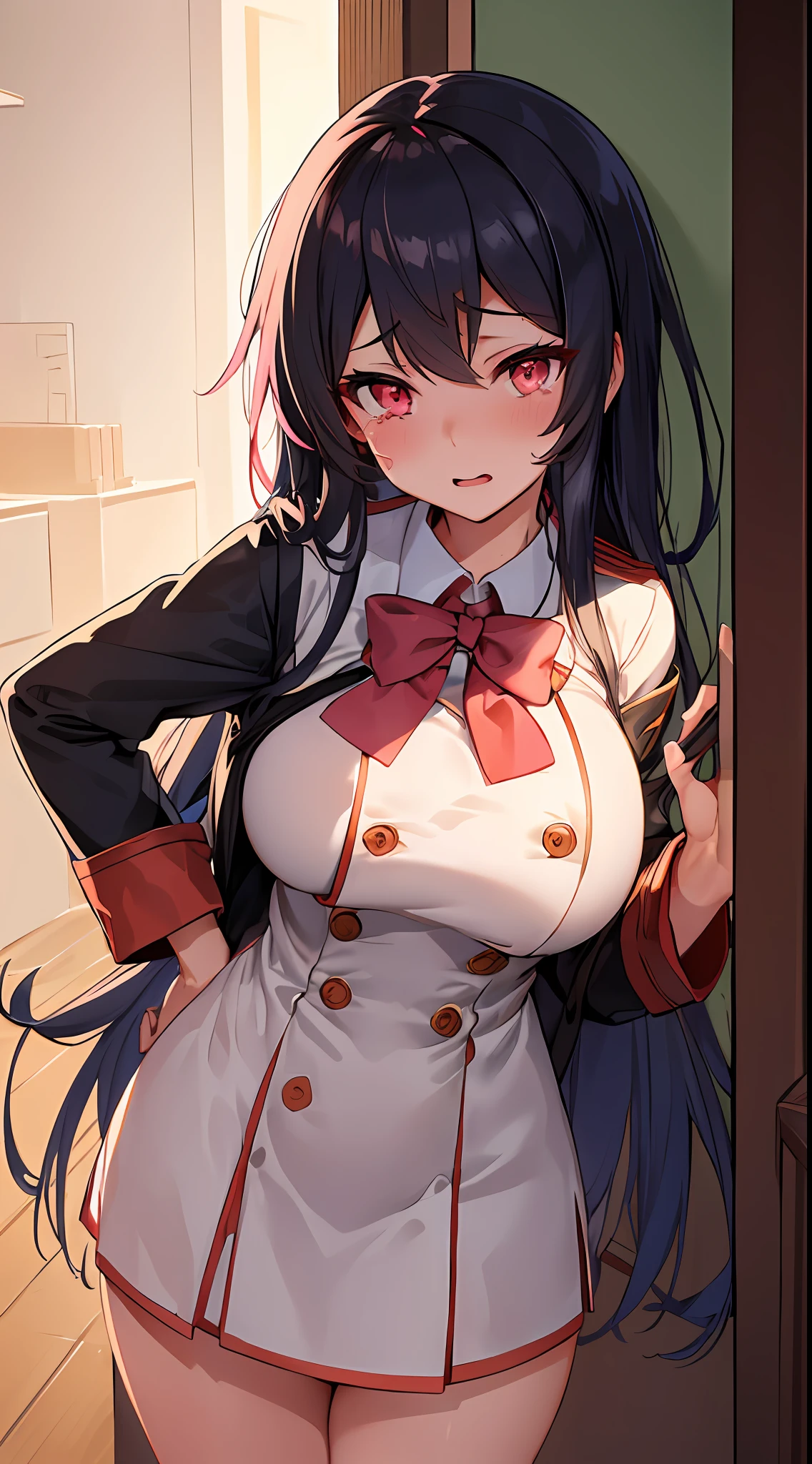 NSFW, (夏school uniform:1.2), (mushoku tensei, Akatsuki-chan, dynamite body, Drooping huge breasted:1.2, 19 age), (straight hair, Very beautiful black hair, Beautiful bangs), (masterpiece:1.2, Top Quality:1.2, 8K, 2D:1.3, wall-paper:1.2, The Ultimate Illustrator:1.2, High resolution), (More eyelashes), (Sharply drawn eyes, tears), Extremely Close, (Ultra detailed eyes, bright pink eyes:1.2), (Beautiful detail double), Smooth nose, (Best proportions:1.2, Curvaceous:1), Very bright entrance
