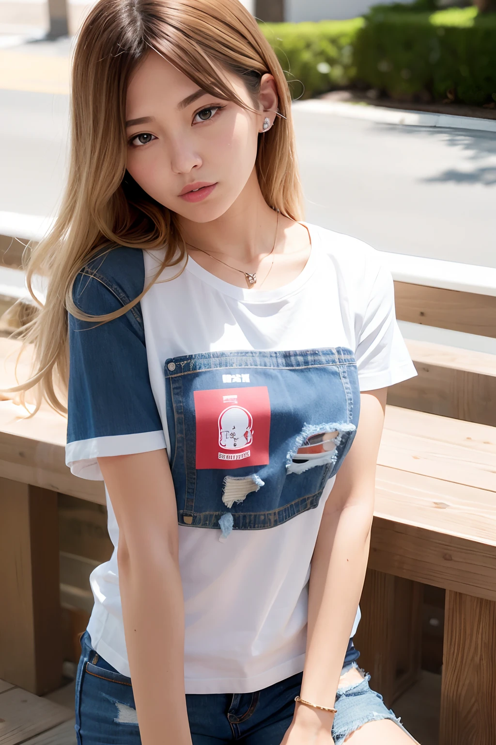 a blond、Denim on T-shirt