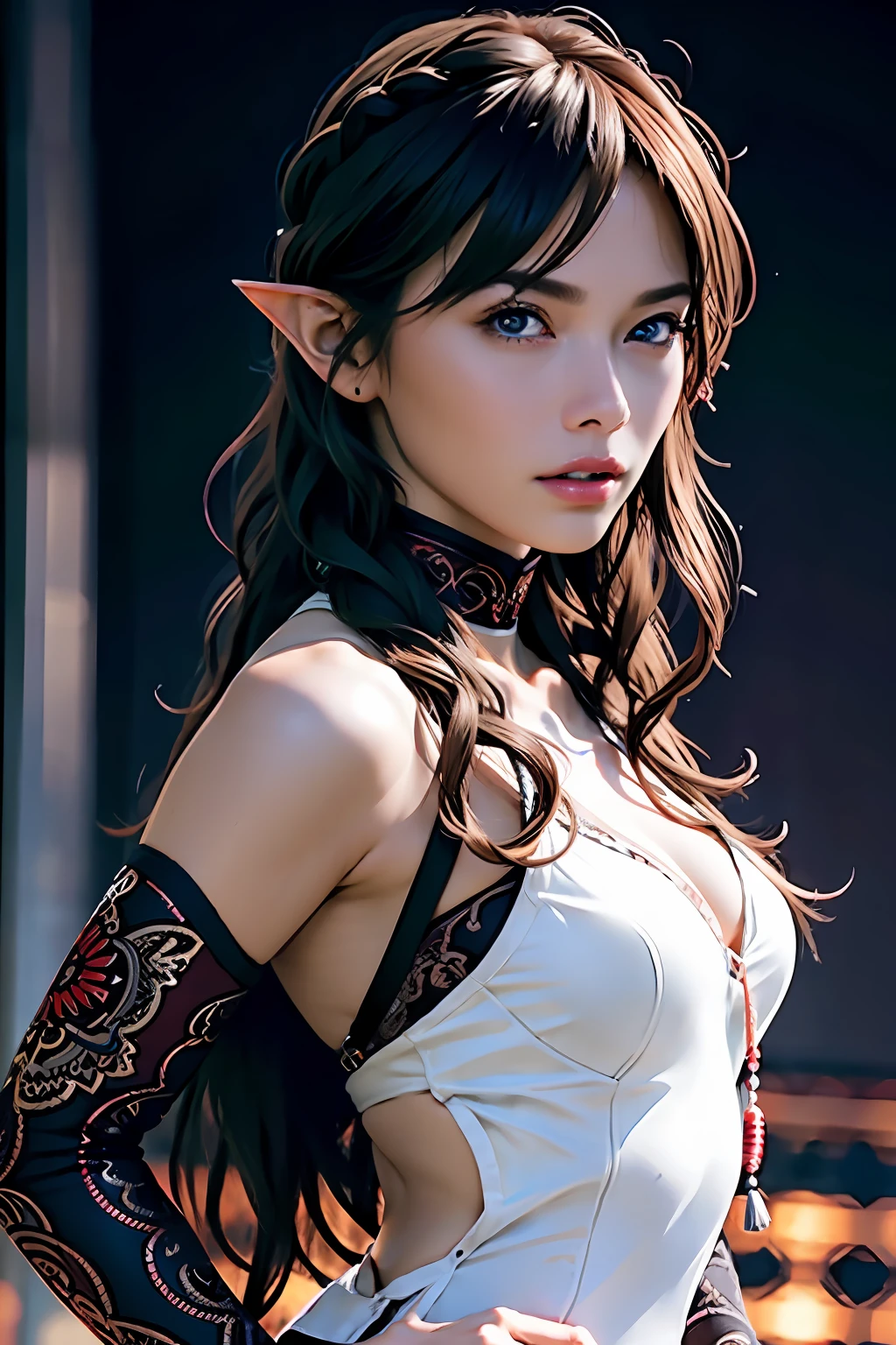 Ultra-detailed complex 3D rendering of face, (Colossal: 8.8), (masterpiece, top quality, octane rendering, 8K), glamour shot full body image, very beautiful young elf, cleavage, (very detailed skin: 1.2), (exposure: 1.1), brown-haired, ((wearing a plummeted open shirt of white silk: 1.10)), beautiful Caucasian woman with black skin with full soft breasts with big buttocks, Single, long braided hair, big breasts, dynamic angle, mystical expression, ultra-realistic photo, (((portrait)))), bare feet, futuristic urban background, facial muscles, detailed and beautiful queen gold crown, in the style of Marvel Comics, ArtStation trends, clear focus, studio photography, intricate details, very detailed, detailed red eyes, very detailed, Sharp Focus, Digital Rendering, Professional, Abs, Dark Grey Background,