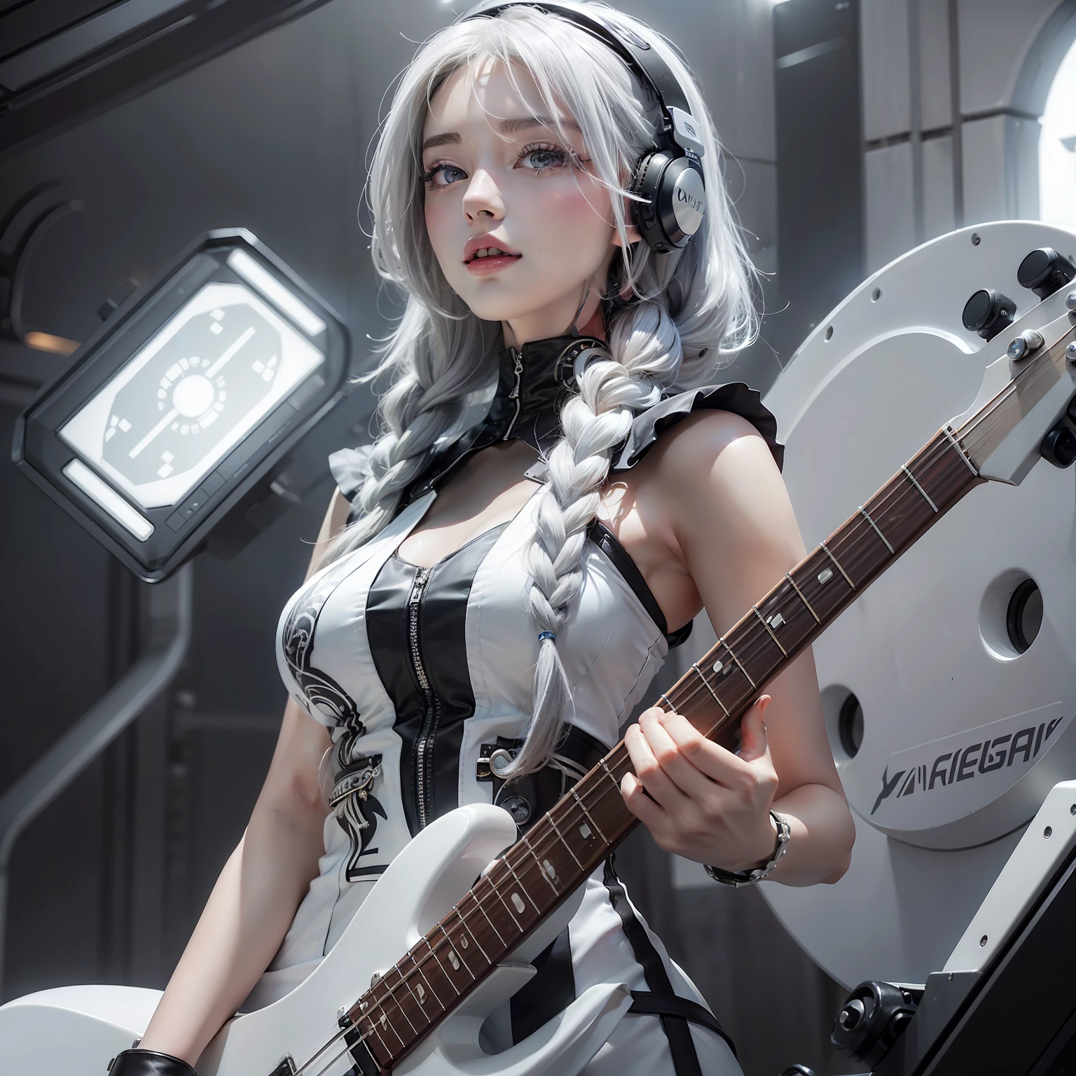 Seductive woman happy to raise her hand Perfect beauty Beautiful white skin beautidful eyes Look at viewers Lustrous lips Lovely smile gray hair in braids tattoo on body Have an electric bass guitar is standing Futuristic dress designed in black and white to adhere to the body Functional head phone spaceships