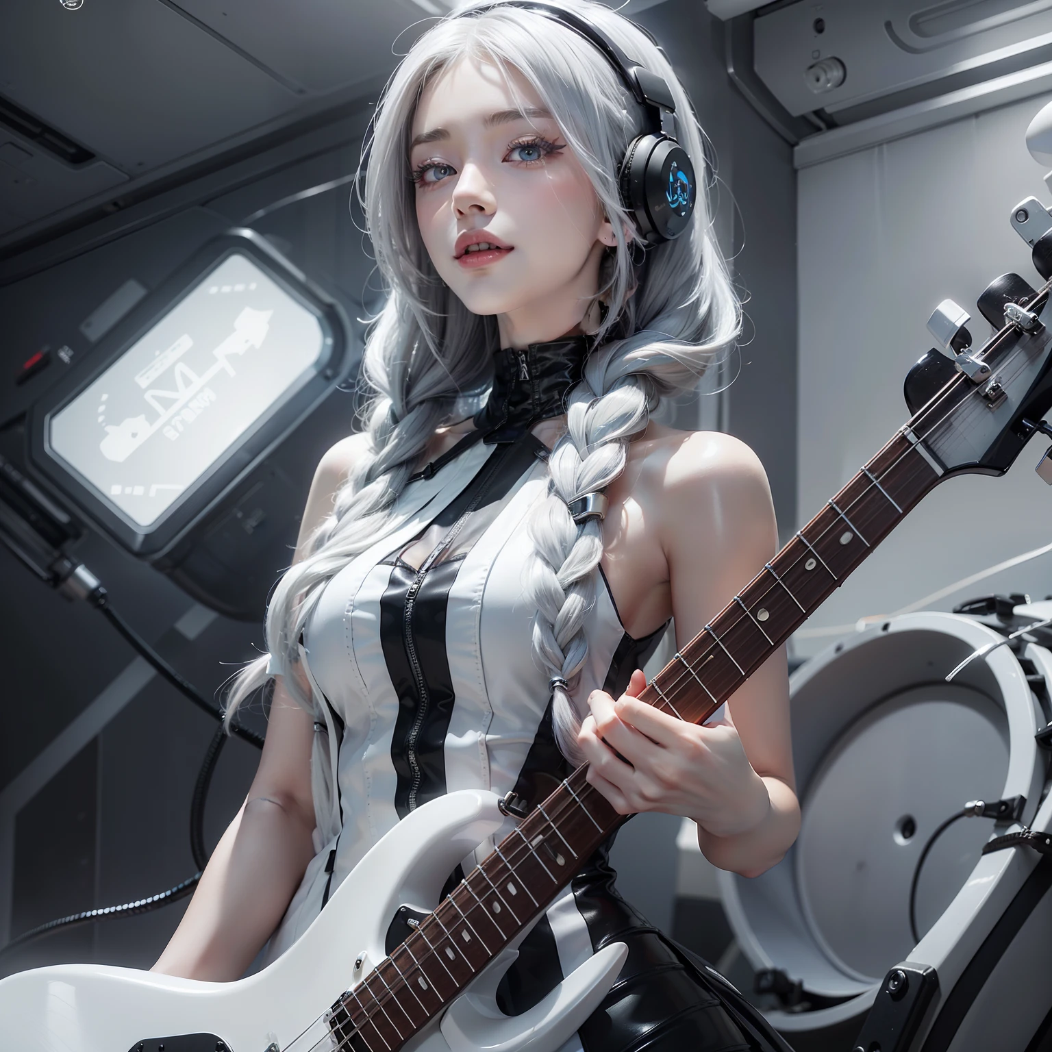 Seductive woman happy to raise her hand Perfect beauty Beautiful white skin beautidful eyes Look at viewers Lustrous lips Lovely smile gray hair in braids tattoo on body Have an electric bass guitar is standing Futuristic dress designed in black and white to adhere to the body Functional head phone spaceships