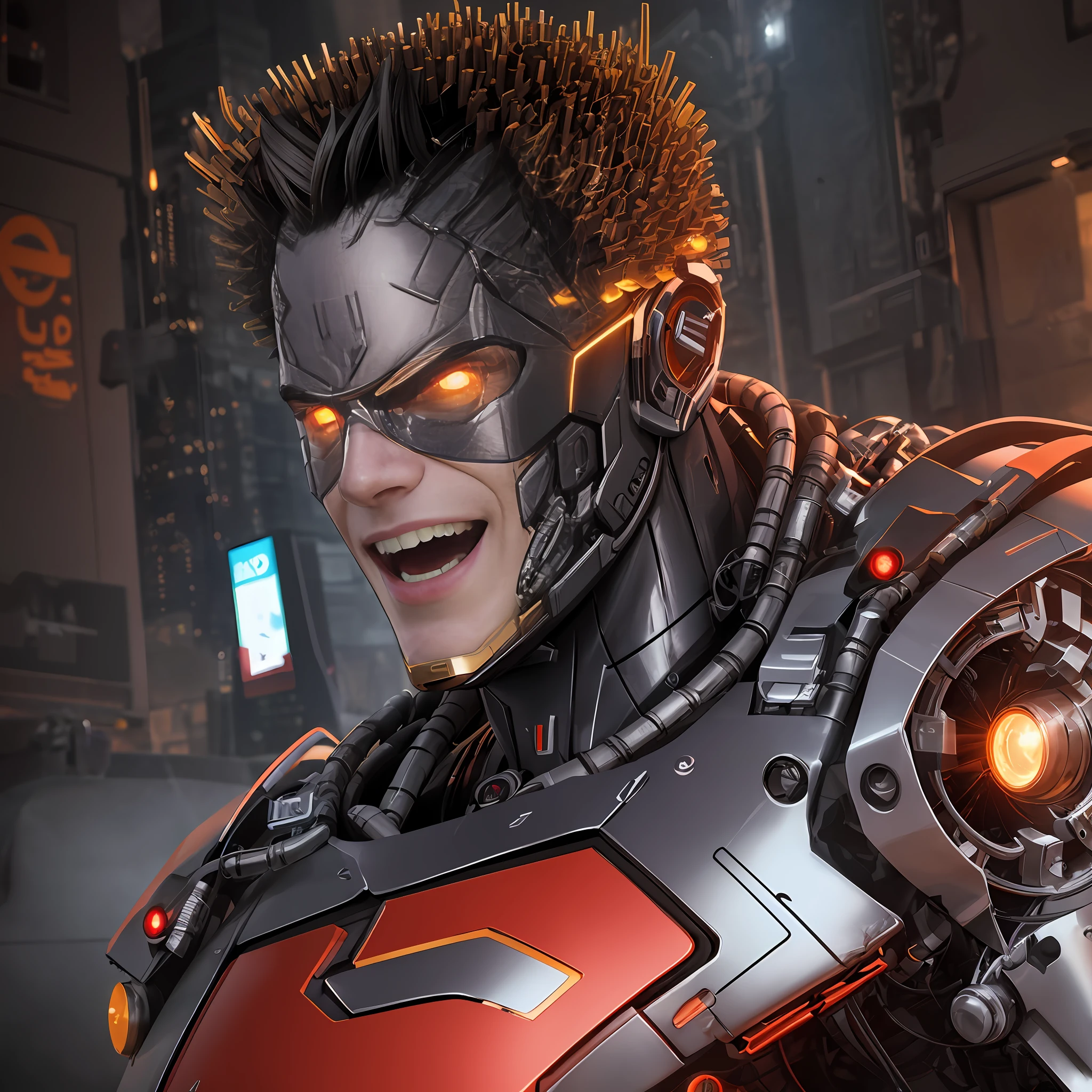 action-packed. smiling angry malicious surrealist. nightmarish cyber sci-fi bio-mechanical version of Cyborg superman from dc comics, 8k. UHD, amazing depth, glowing, golden ratio, 3D octane cycle unreal engine 5, volumetric lighting, cinematic lighting, cgstation artstation concept art