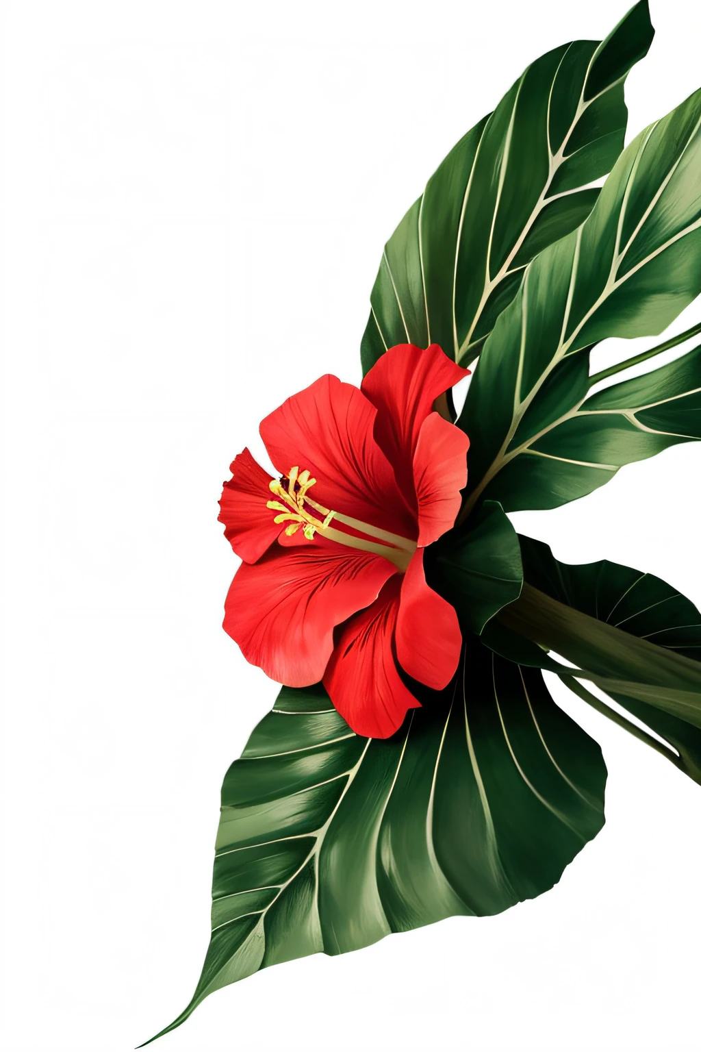 hibiscus flower wrap on a beautiful bird against a white background, simple background, minimalist images, photography installations, paleocore,  hyper-realistic, poetic intimacy