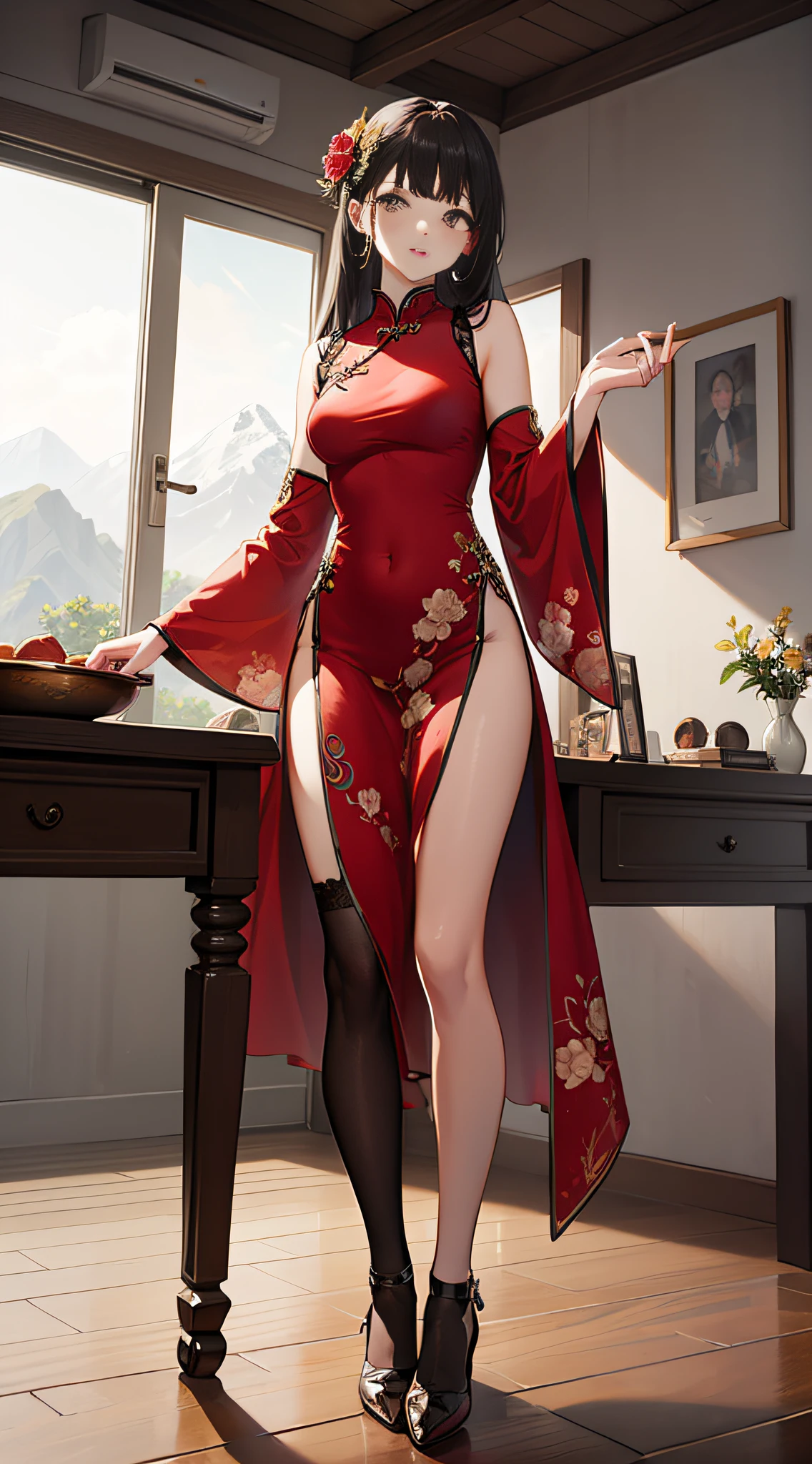 （tmasterpiece，top Quority，best qualtiy，offcial art，Beauty and aesthetics：1.2），（1girll），wearing  cheongsam，black lence stockings，standing on top of a mountain，extremedetailed，rich colourful，highest details，offcial art，Unity 8k壁纸，ultra - detailed，tmasterpiece，best qualtiy