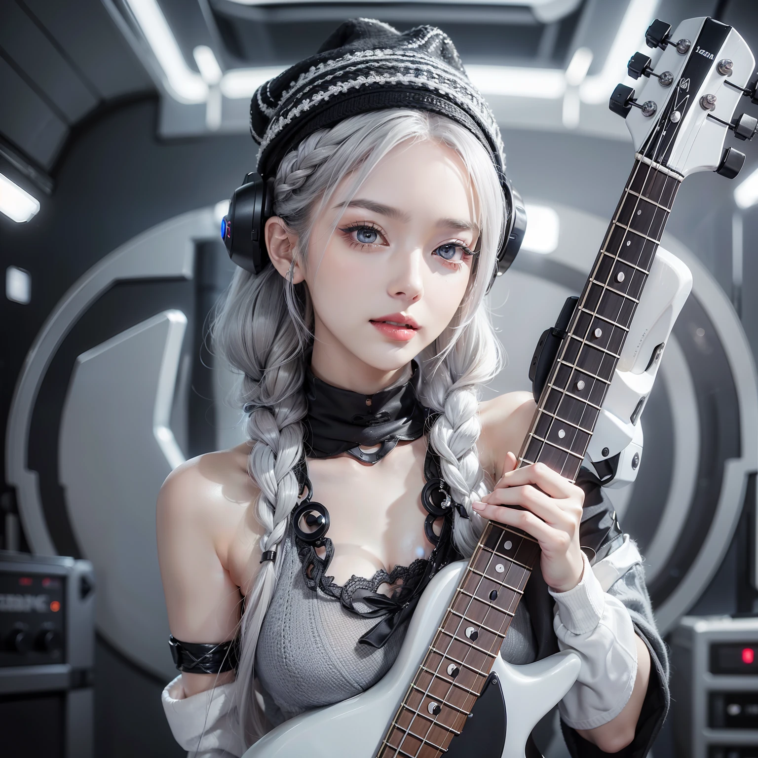 Seductive woman happy to raise her hand　Perfect beauty　Beautiful white skin　beautidful eyes　Look at viewers　Lustrous lips　Lovely smile　gray hair in braids　Knitted hats　tattoo on body　Have an electric bass guitar　is standing　Futuristic dress designed in black and white to adhere to the body　Functional　head phone　spaceships