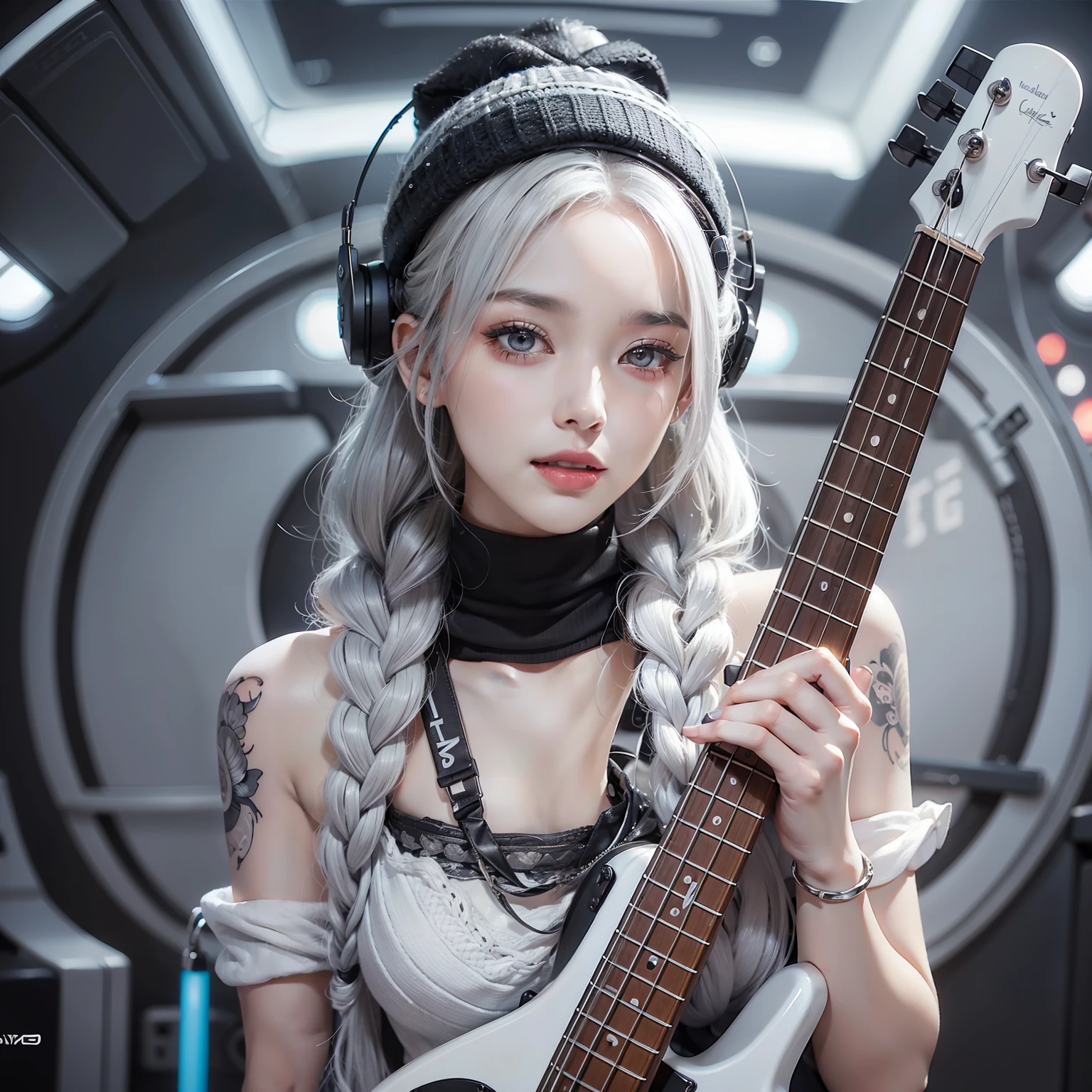 Seductive woman happy to raise her hand　Perfect beauty　Beautiful white skin　beautidful eyes　Look at viewers　Lustrous lips　Lovely smile　gray hair in braids　Knitted hats　tattoo on body　Have an electric bass guitar　is standing　Futuristic dress designed in black and white to adhere to the body　Functional　head phone　spaceships