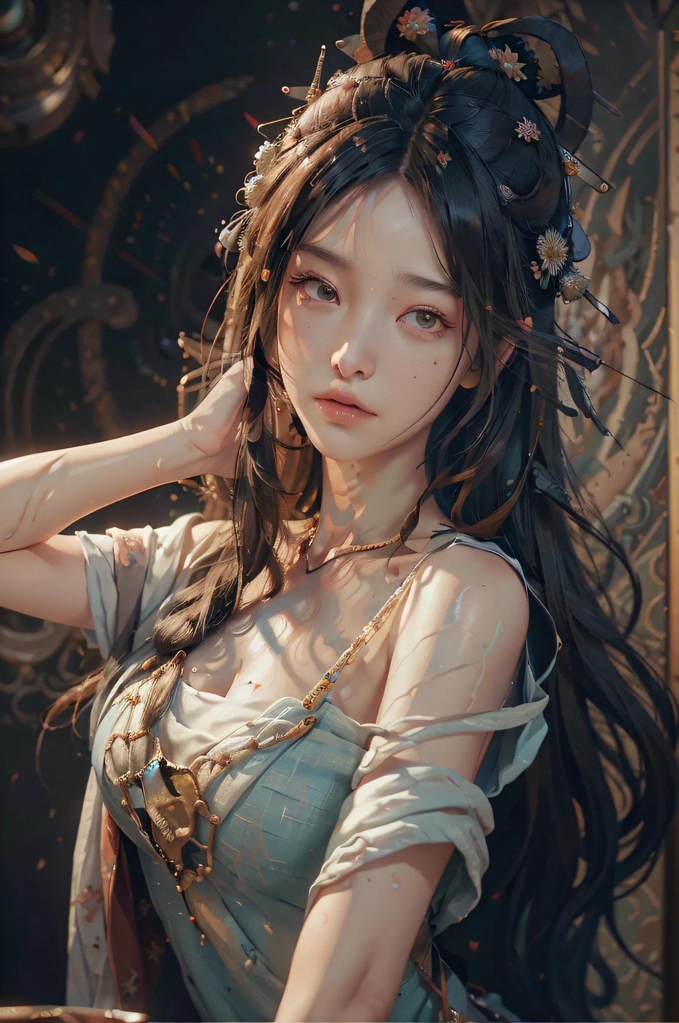 (RAW photo, best quality), (realistic, photo-realistic:1.3),best quality,highly detailed,masterpiece,ultra-detailed,illustration,1girl,upper_body,dynamic angle,world masterpiece theater,messy_long_hair,best quality,extremely detailed CG unity 8k wallpaper,ink,Amazing,cinematic lighting,lens_flare, dunhuang_style