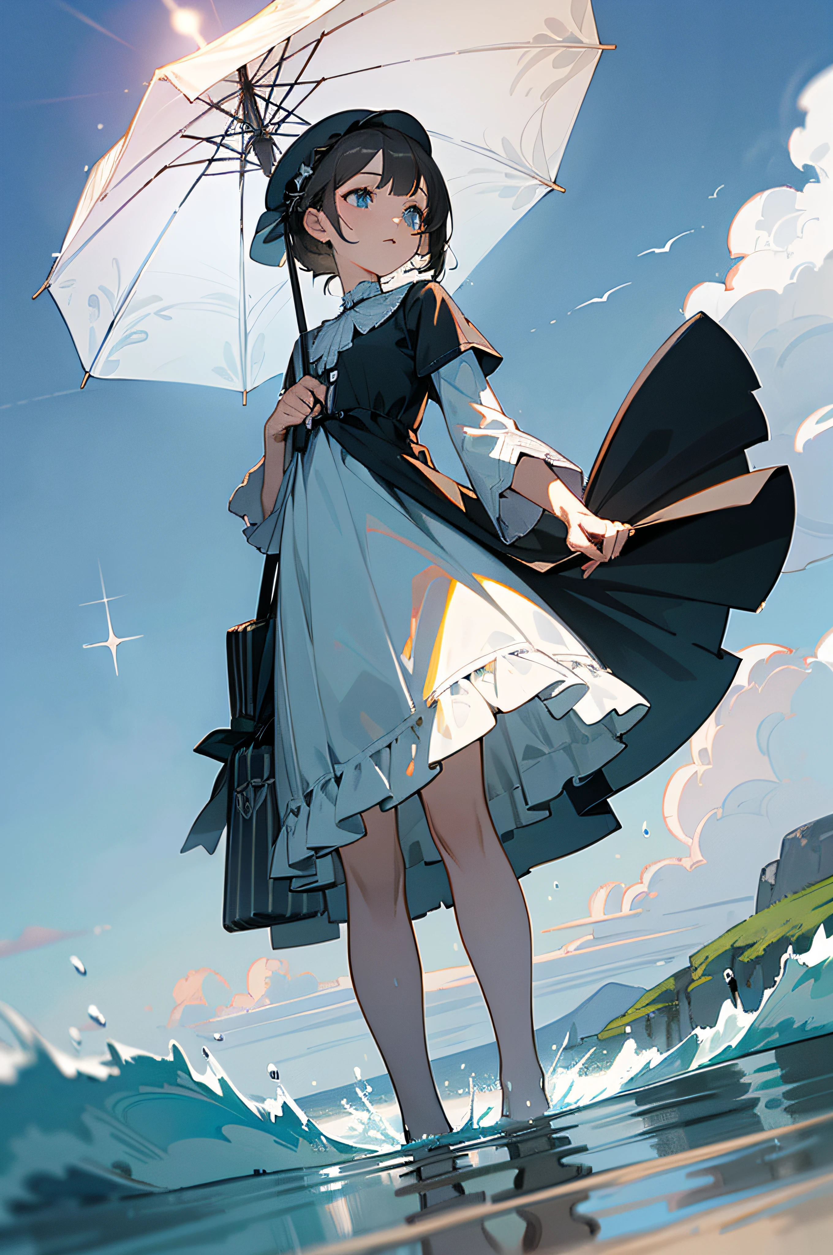 A dark-haired, blue-eyed, flat-chested girl in a black and white dress with a white sun umbrella, white straight handle umbrella, the girl puts right hand on the chest and hold the umbrella, scenery, anime style scenery,beach,spray,vanishing point, from below, masterpiece, best quality, 8k, absurdres, (water surface:1.2), sea, summer, noon, sunlight, blue sky, perspective, depth of field, highres, finely detail, ultra-detailed, sharp focus,best quality, ultra detailed, masterpiece, hires, 8k, extremely detailed CG unity 8k,The girl wear a beret