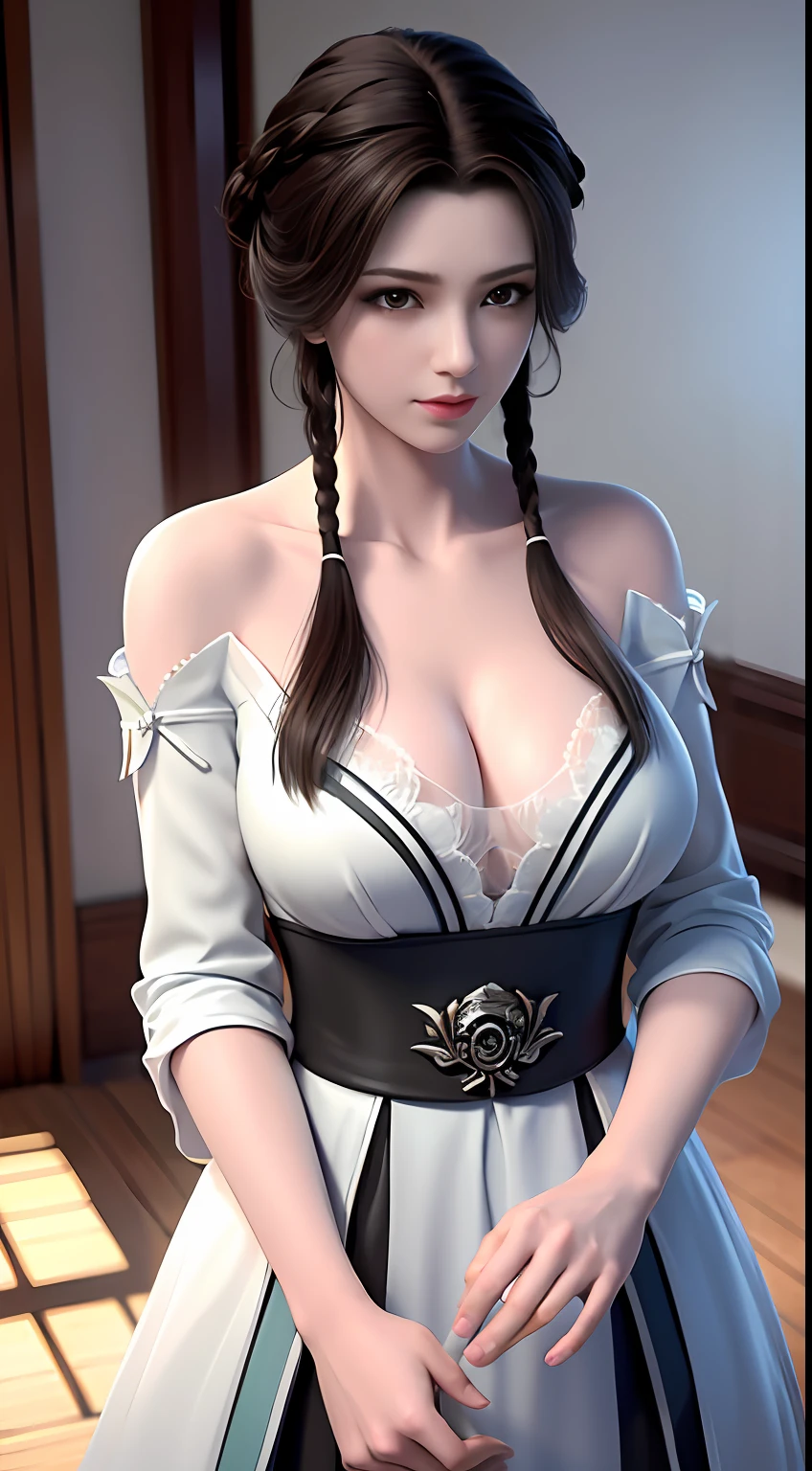 best qualtiy,tmasterpiece:1.4),超高分辨率,realisticlying,Front lighting,Complicated details,Exquisitedetailsandtextures,1girl,独奏,(年轻),Facial highlights,The upper part of the body,Detail face,tear-mole,white skinned,brown hair,pony tails,pigtails,looking at viewert,largeeyes,(Openwork pattern,black in color,silkouette),耳Nipple Ring,,slimfigure,Deluxe room,profesional lighting,photon maping,Radio City,physically-based renderingt,