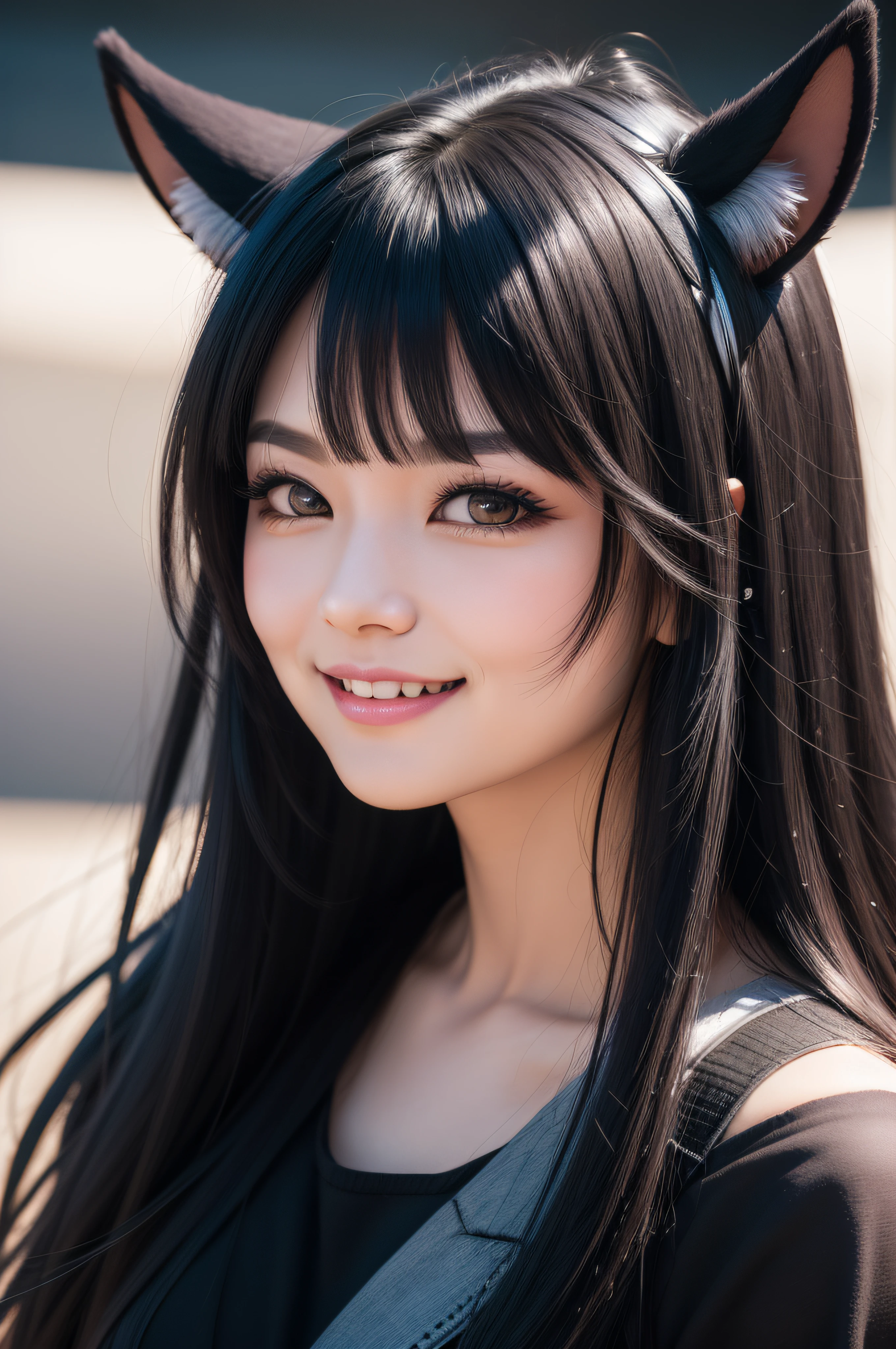 black hair, hair bobbles, wince, longeyelashes, solid circle eyes, fake animal ears, light smile, ear blush, fang, Surrealism, drop shadow, anaglyph, stereogram, tachi-e, pov, atmospheric perspective, 8k, super detail, ccurate, best quality