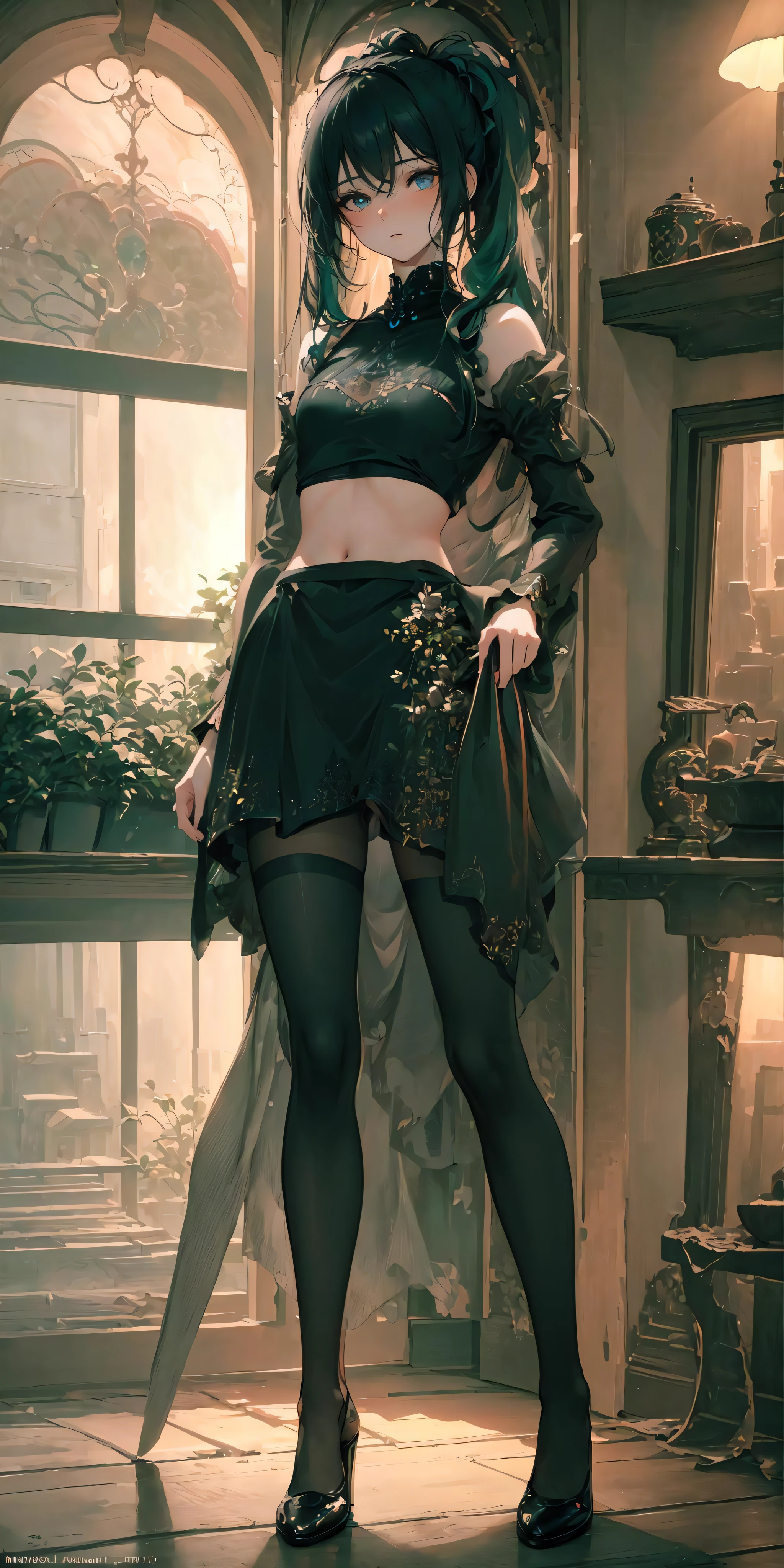 (QUALITY:0)
8k, 8k wallpaper, (an extremely delicate and beautiful:1.1), (beautiful detailed eyes:1.3), (best illustration:1.1), (best quality:1.3), (best shadow:1.1), (cinematic lighting:1.2), detailed eyes, (detailed_light:1.1), (dreamy:1.1), (extremely detailed CG unity 8k wallpaper:1.1), highres, (masterpiece:1.3), official_art, ray tracing, (stylized:1.3), trending on artstation, (ultra_detailed:1.2)

(STYLE & COMPOSITION:0)
1girl, (from_below, full_body:1.4), solo

(POSE & EXPRESSION:0)
blush, head_tilt, legs_apart, lips_apart, looking_at_viewer, standing, unamused

(CHARACTER:0)
aqua_eyes, aqua_hair, aqua_twintails, argyle_pantyhose, black_pantyhose, bare_shoulders, black_shirt, black_sirt, breasts_apart, crop_top, cropped_shirt, collarbone, Hatsune_Miku, high_heels, high-waist_skirt, lips, long_sleeves, makeup, (messy_hair:1.2), plaid_skirt, shiny_hair, shrug_\(clothing\), (small_breasts:1.3), very_long_hair

(BACKGROUND:0)

(TEXTUAL INVERSION:0)