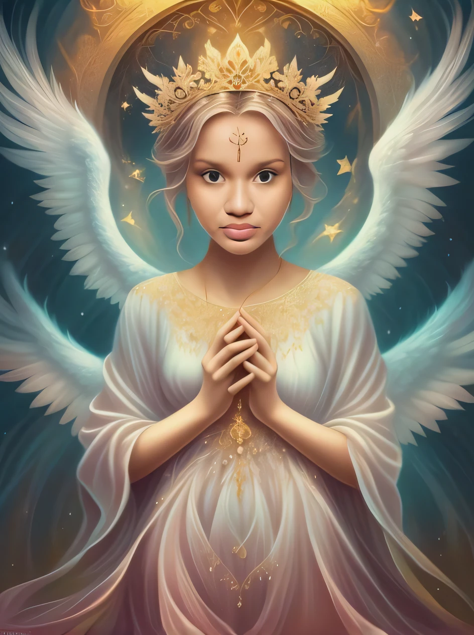 a painting of an angel with a crown on his head, Retrato de um anjo bonito, anjo bonito, anjo feminino bonito, being brilliant angelic, de anjo lindo, de uma menina anjo bonita, Ethereal Angelic Being of Light, retrato bonito da menina do anjo, angelic, angel spirit guide, angelic, angelic face, menina do anjo, Um Anjo da Luz do Amanhecer