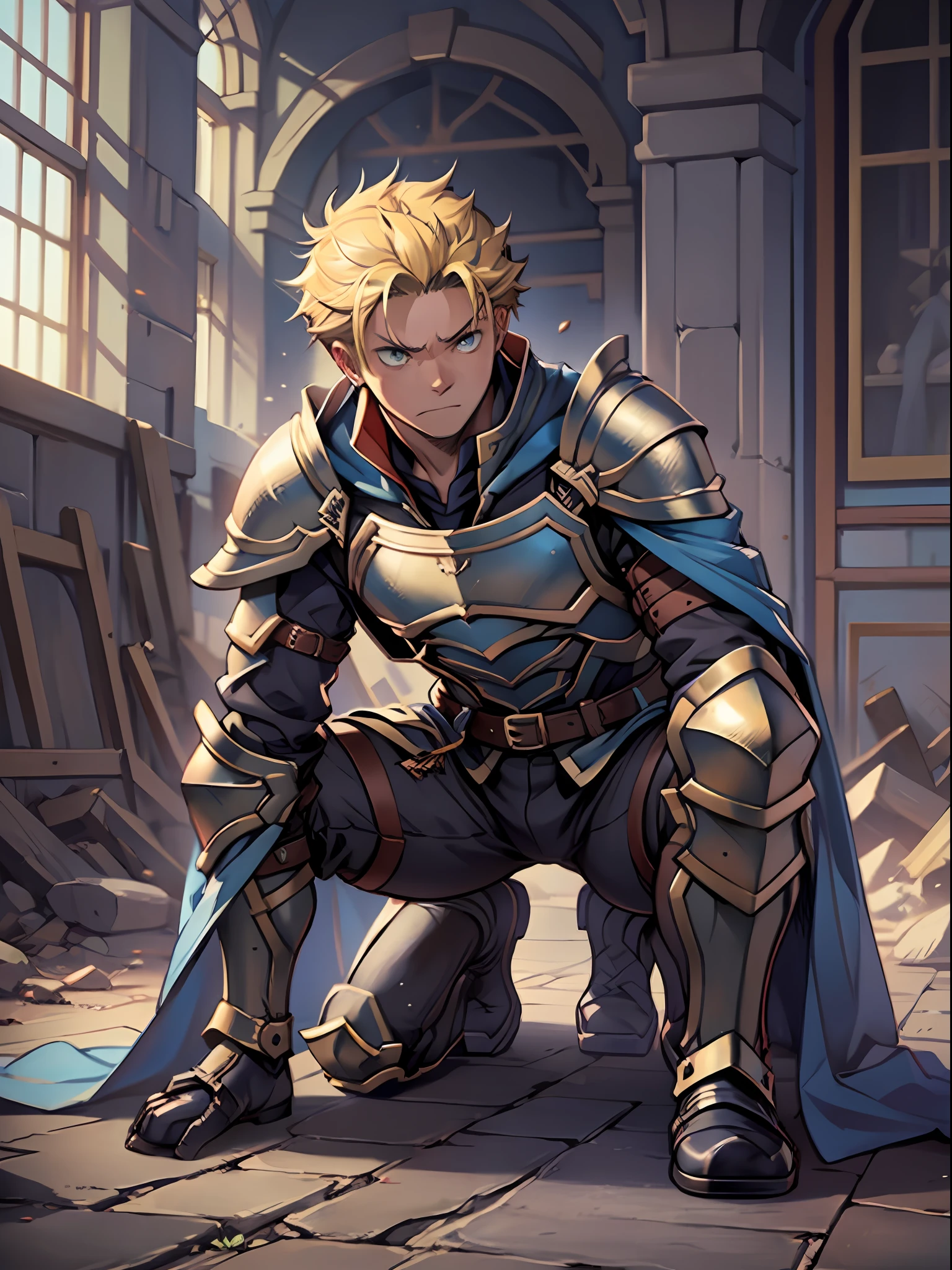 (1 Adult male),A high resolution, Sharp focus, Pixiv masterpiece, ((Complicated details)), highly detailed, natsuki_subaru, 1 man,Defeat, crestfallen,full bodyesbian,kneels on the ground, (A gesture of pleading),blue color eyes(eyes glowing), Short yellow hair,cloaks,Armour,Shoulder armor,perspire,look from down