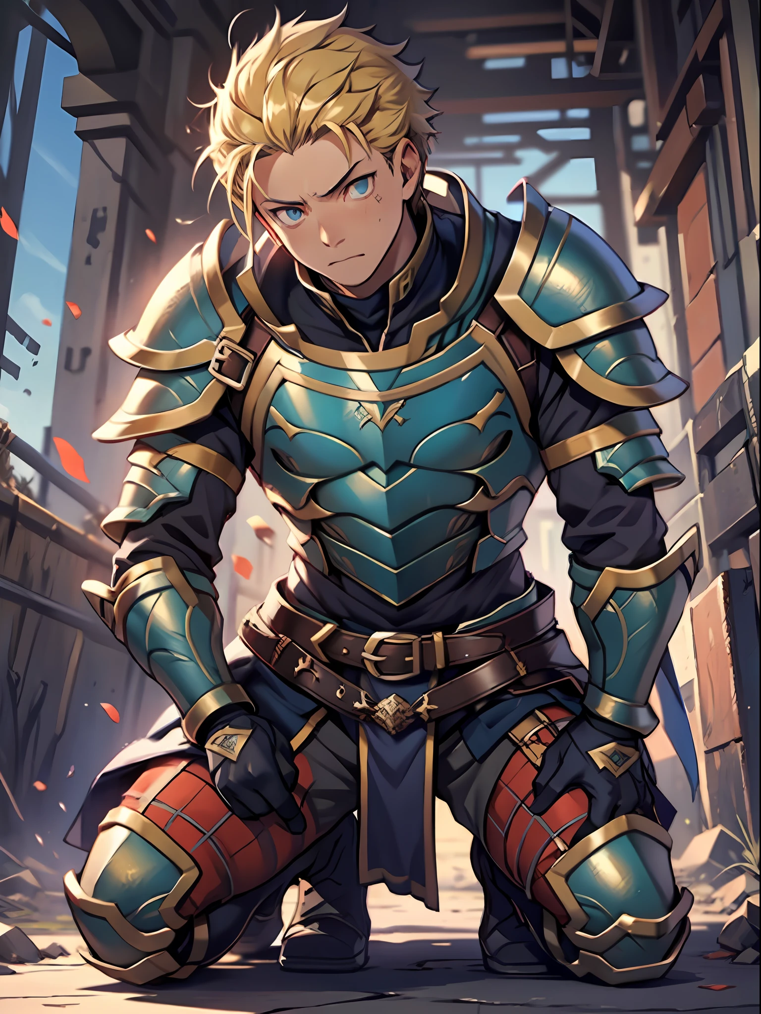 (1 Adult male),A high resolution, Sharp focus, Pixiv masterpiece, ((Complicated details)), highly detailed, natsuki_subaru, 1 man,Defeat, crestfallen,full bodyesbian,kneels on the ground, (A gesture of pleading),blue color eyes(eyes glowing), Short yellow hair,cloaks,Armour,Shoulder armor,perspire,look from down