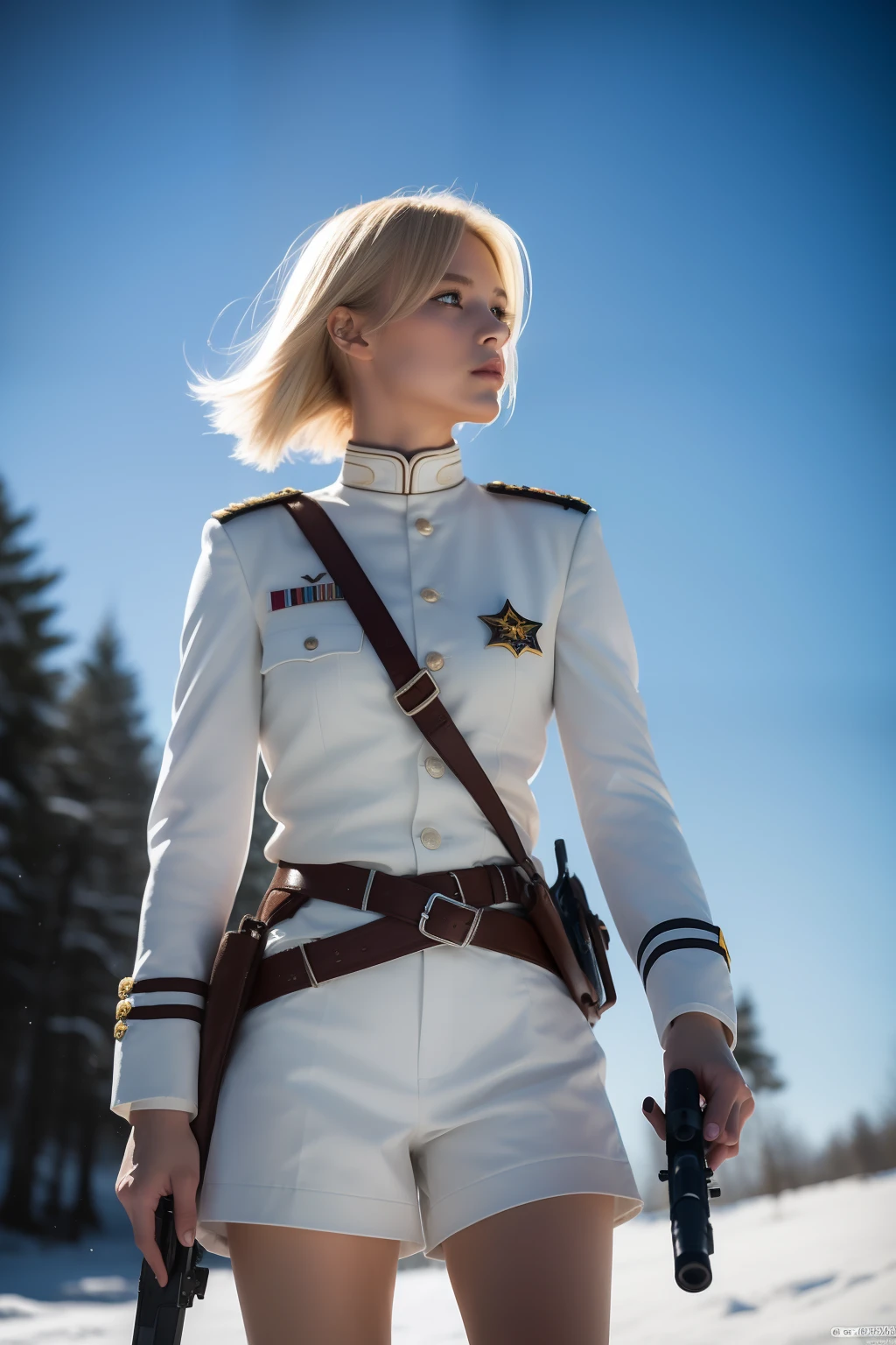 8k.,((masterpiece: 1.2, best quality)),movie,official art,promotional art,movie wallpaper, (A blonde German girl in White combat uniform), （Height 177）(White clothes and shorts), exposing thighs, in a low angle shot holding a gun in the snow, engaged in a winter battle. Captured in a cinematic style, the scene includes multiple female soldiers armed with rifles on the frontline. The image is taken in an otherworldly fantasy realm. The color temperature is cool with a slight blue tint, conveying a sense of coldness and tension. The lighting is dramatic with harsh shadows and highlights, highlighting the woman's fierce expression. Shot with a Sony A7R IV camera using an aperture of f/2.8, ISO 1600, and a shutter speed of 1/200 sec. UHD dtm HDR 8k.
