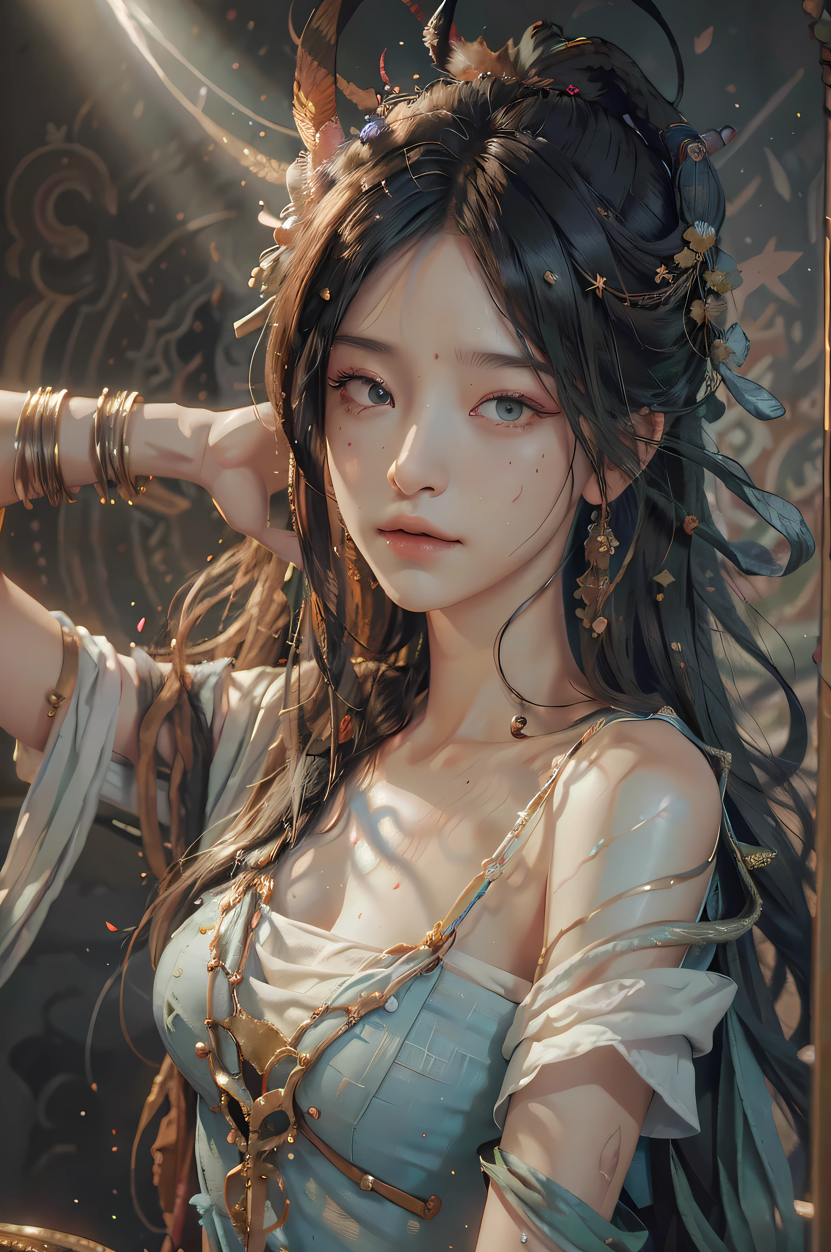 (RAW photo, best quality), (realistic, photo-realistic:1.3),best quality,highly detailed,masterpiece,ultra-detailed,illustration,1girl,upper_body,dynamic angle,world masterpiece theater,messy_long_hair,best quality,extremely detailed CG unity 8k wallpaper,ink,Amazing,cinematic lighting,lens_flare, dunhuang_style