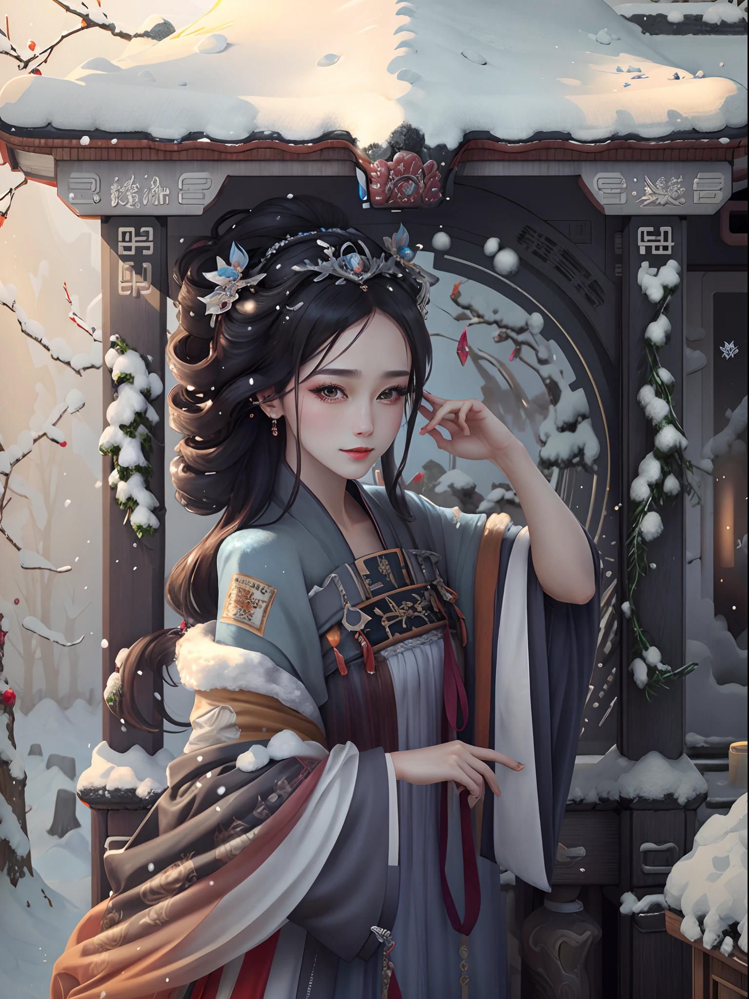 A high resolution,1girll,(Seductive smile:0.8),Chinese Hanfu,hair adornments,snow landscape,beautfully face,Ultra HD images,Intricate and detailed light and refraction,Octane rendering engine,Focus sharp,hight contrast,A high resolution